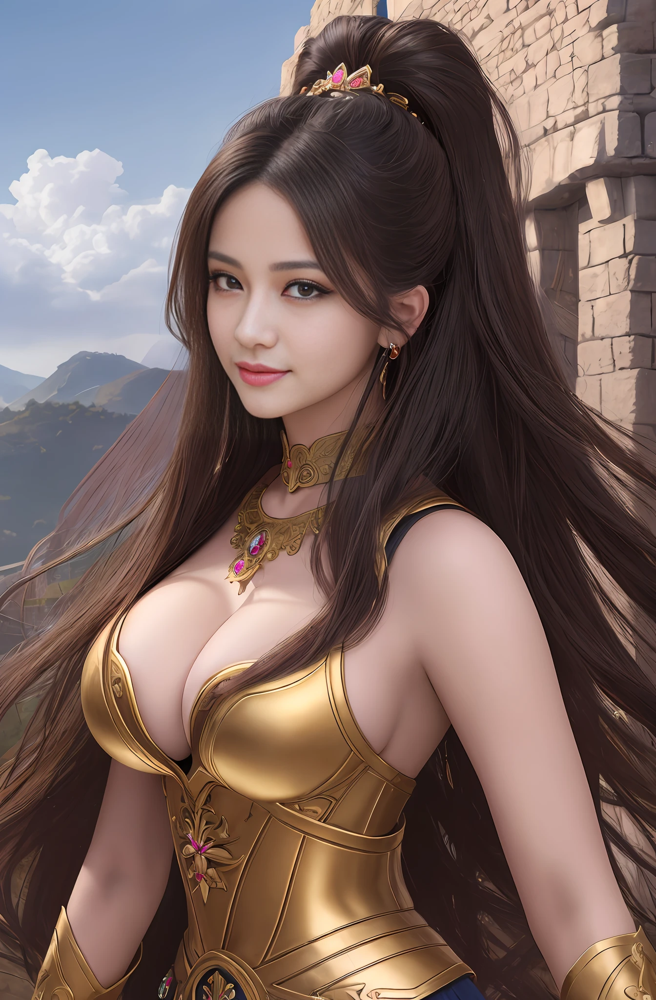 (16k, masterpiece, best quality), ultra-detailed, detailed beautiful round eyes, beautifully detailed face, high quality, high resolution, a female warrior bring greatswords, in the village, goddess, straight hair, hero, smile, village background, big breast, mature women, dynamic pose, black pink long hair
