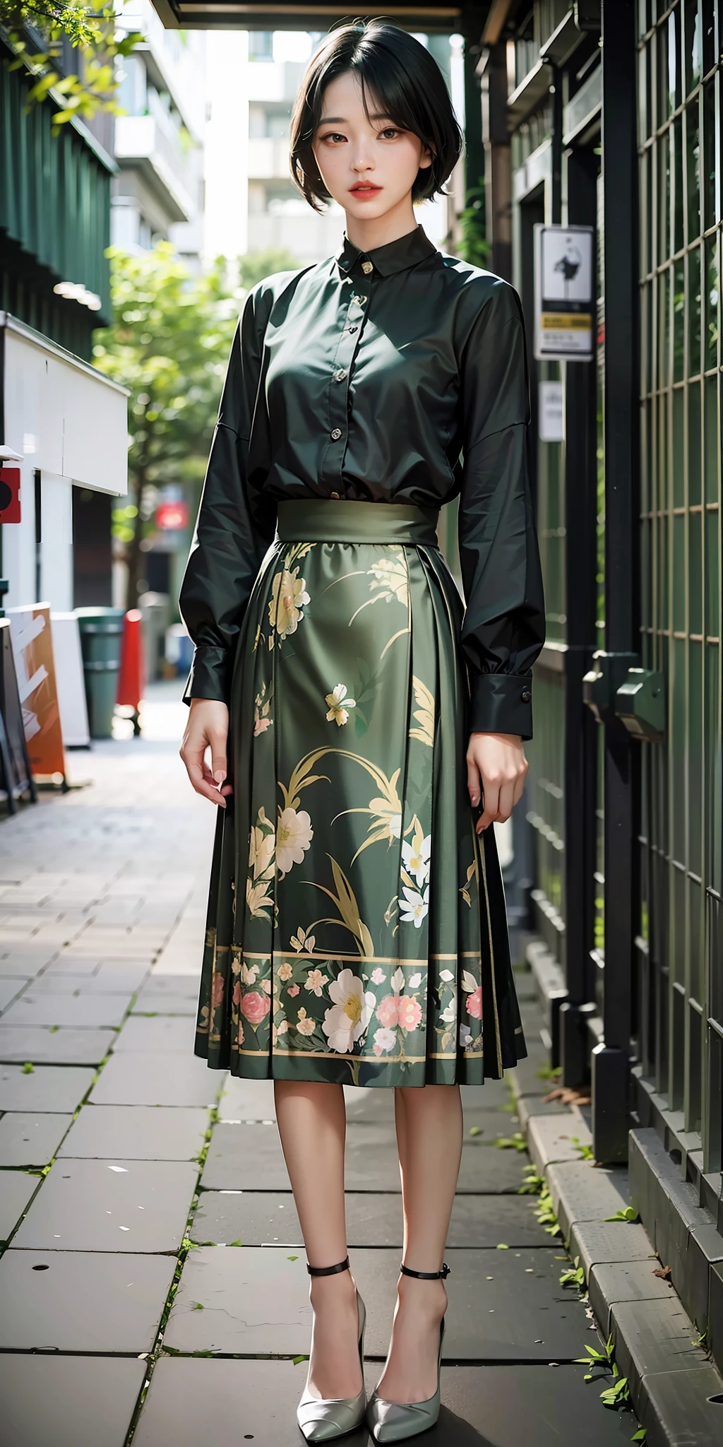 (dark green printed long skirt:1.2),(flowers print:1.2),(white long sleeves),high heels,1 girl,full body, high heels,(short hair:1.1), (realistic:1.7),((best quality)),absurdres,(ultra high res),(photorealistic:1.6),photorealistic,octane render,(hyperrealistic:1.2), (photorealistic face:1.2), (8k), (4k), (Masterpiece),(realistic skin texture), (illustration, cinematic lighting,wallpaper),( beautiful eyes:1.2),((((perfect face)))),(cute),(standing),(black hair),(short hair),black eyes,red lips, (outdoors),