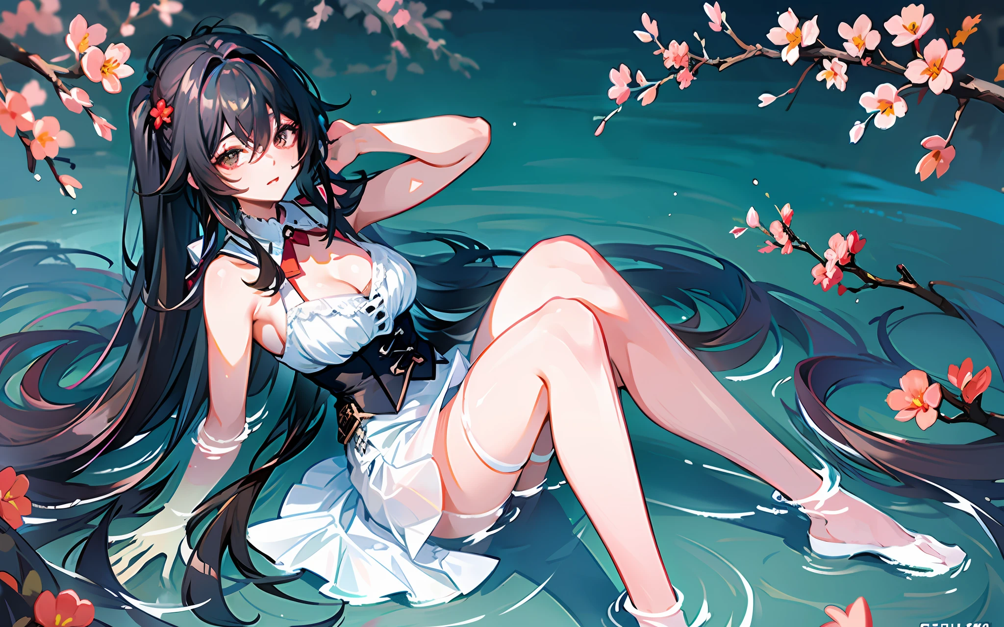 Masterpiece, 1 female, solo, black hair, white skirt, cleavage, white long legs, lake water, (limbs: 1.3), double ponytail, plum blossom,