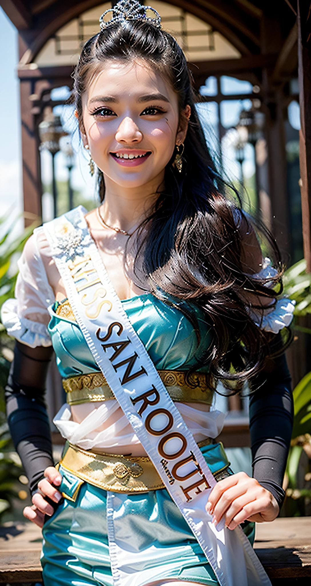 a close up of a woman in a white wet shirt and black short shorts, centre image, sukhothai costume, royal elegant pose, regal pose, mai anh tran, proud look, queen of the sea mu yanling, model posing, with crown, miss universe, pr shoot, top, mid shot portrait, full body photogenic shot, may, proud smile, perfect hands and fingers,