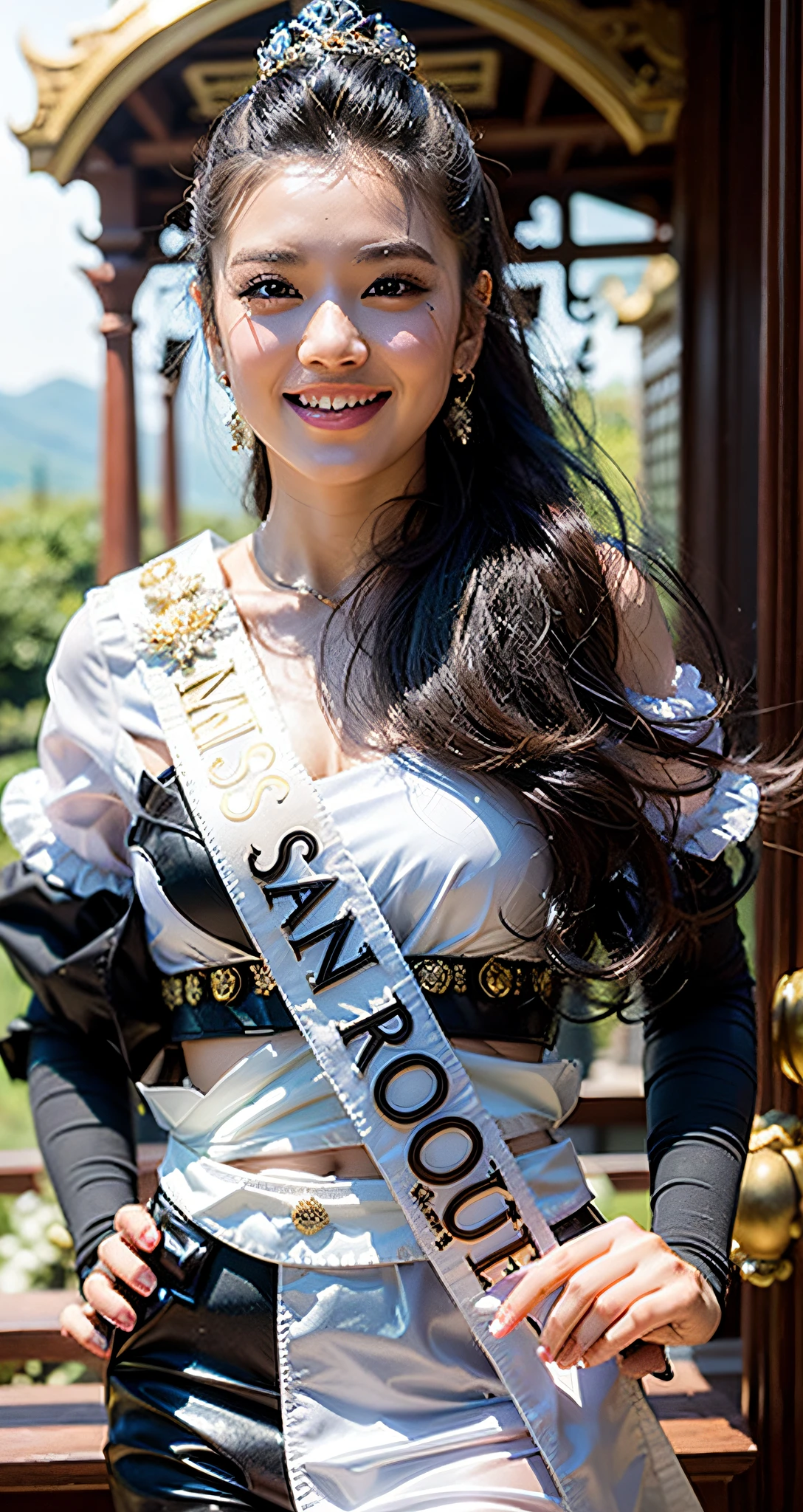 a close up of a woman in a white wet shirt and black short shorts, centre image, sukhothai costume, royal elegant pose, regal pose, mai anh tran, proud look, queen of the sea mu yanling, model posing, with crown, miss universe, pr shoot, top, mid shot portrait, full body photogenic shot, may, proud smile, perfect hands and fingers,
