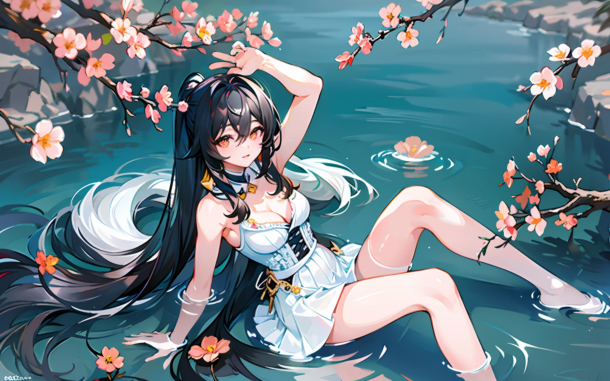 Masterpiece, 1 female, solo, black hair, white skirt, cleavage, white long legs, lake water, (limbs: 1.3), double ponytail, plum blossom,