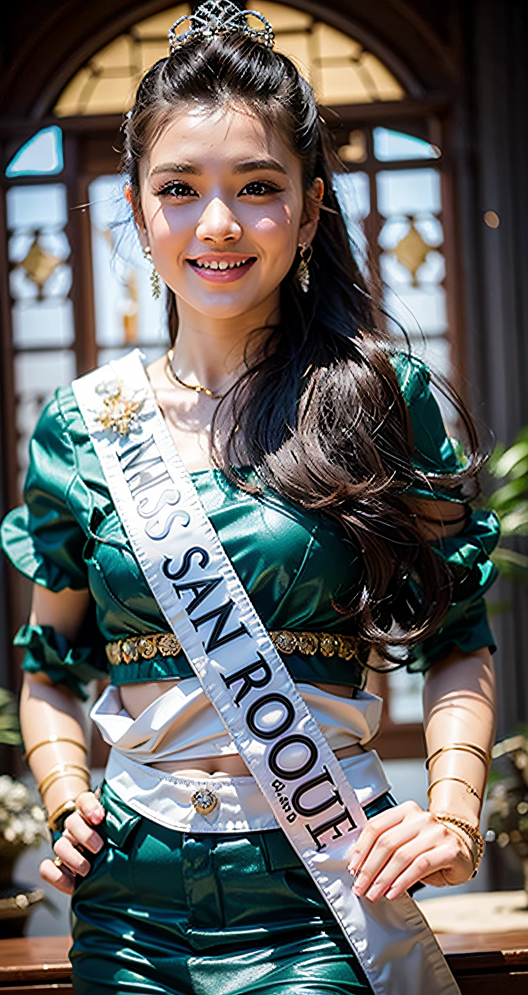 a close up of a woman in a white wet shirt and black short shorts, centre image, sukhothai costume, royal elegant pose, regal pose, mai anh tran, proud look, queen of the sea mu yanling, model posing, with crown, miss universe, pr shoot, top, mid shot portrait, full body photogenic shot, may, proud smile, perfect hands and fingers,