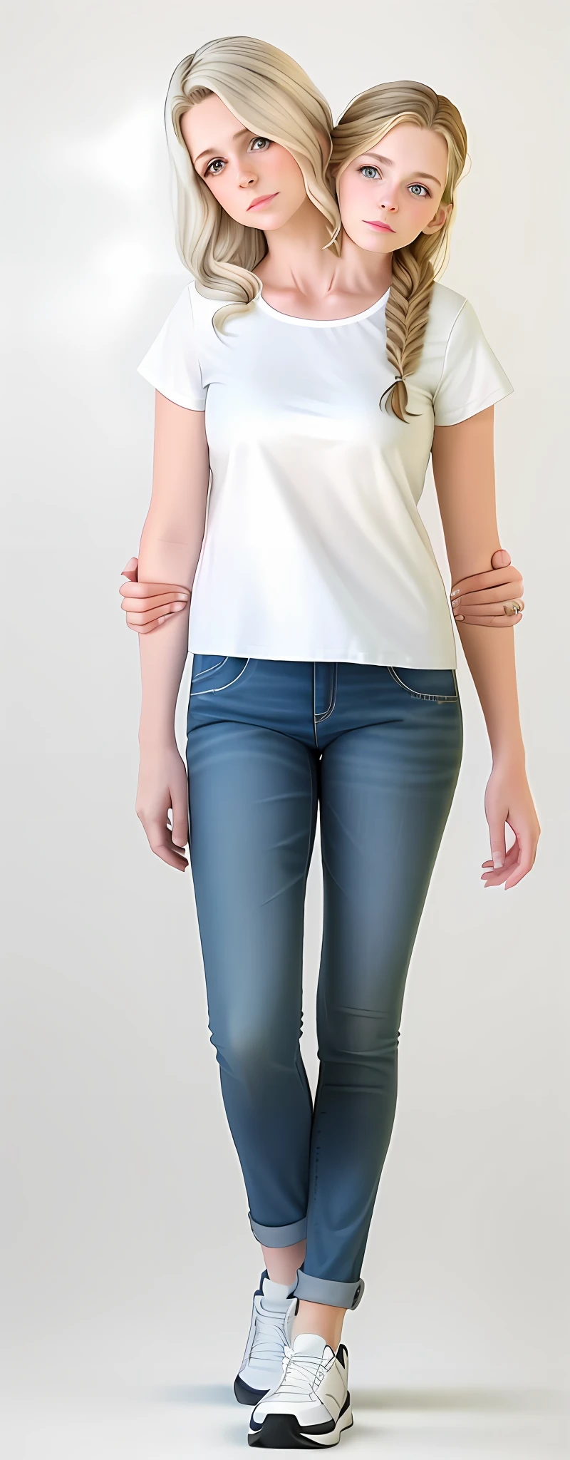 2heads, mom and daughter, (one head:1.5 ), (one head:1.5 youdult), white girls, different ages, (two heads on one body:1.5), conjoined twins, heads side by side, one torso, young, photorealistic, uncomfortable,