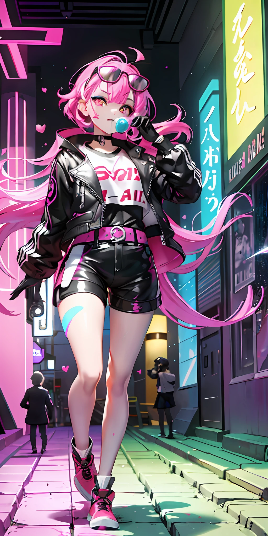 full body, 1girl, loli, solo, Eye focus,Masterfully crafted Glow, pink lens flare, Cinematic background,colourful, hyper details, hdr, ultra detailed eyes, mature, plump, rainbow painting drops,(supermodel:1.3), made up from paint, entirely paint, splat, splash, indoors, (bioluminescent hair:1.1),(glowing eyes), ((makeup)), fierce, powerful, splashes of colour absolutely eye-catching, dynamic angle, beautiful detailed glow, ambient occlusion, ambient light, raytraced reflections, retro style, living arcade characters, arcade style world, gloves, jacket,weapon, shorts, black gloves, black jacket, gun, drill hair, black shorts, eyewear on head, bubble blowing, chewing gum, (Cute face:1.3), --s2