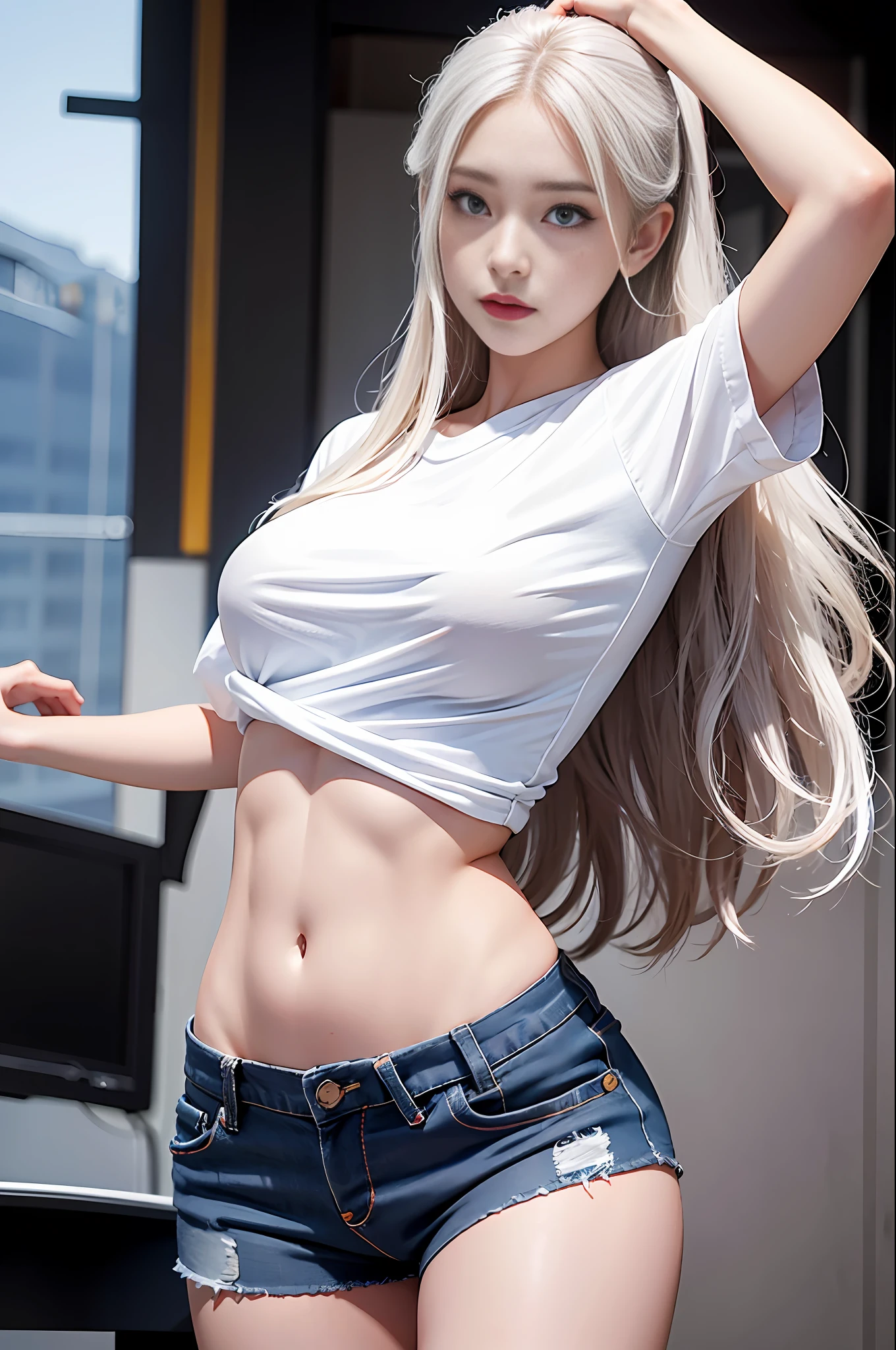 Realistic, high resolution, 1 girl, white wavy hair, Korean, heterochromic eyes, small moles under the eyes, loose red shirt, tight black denim shorts, big breasts, thighs, with abs