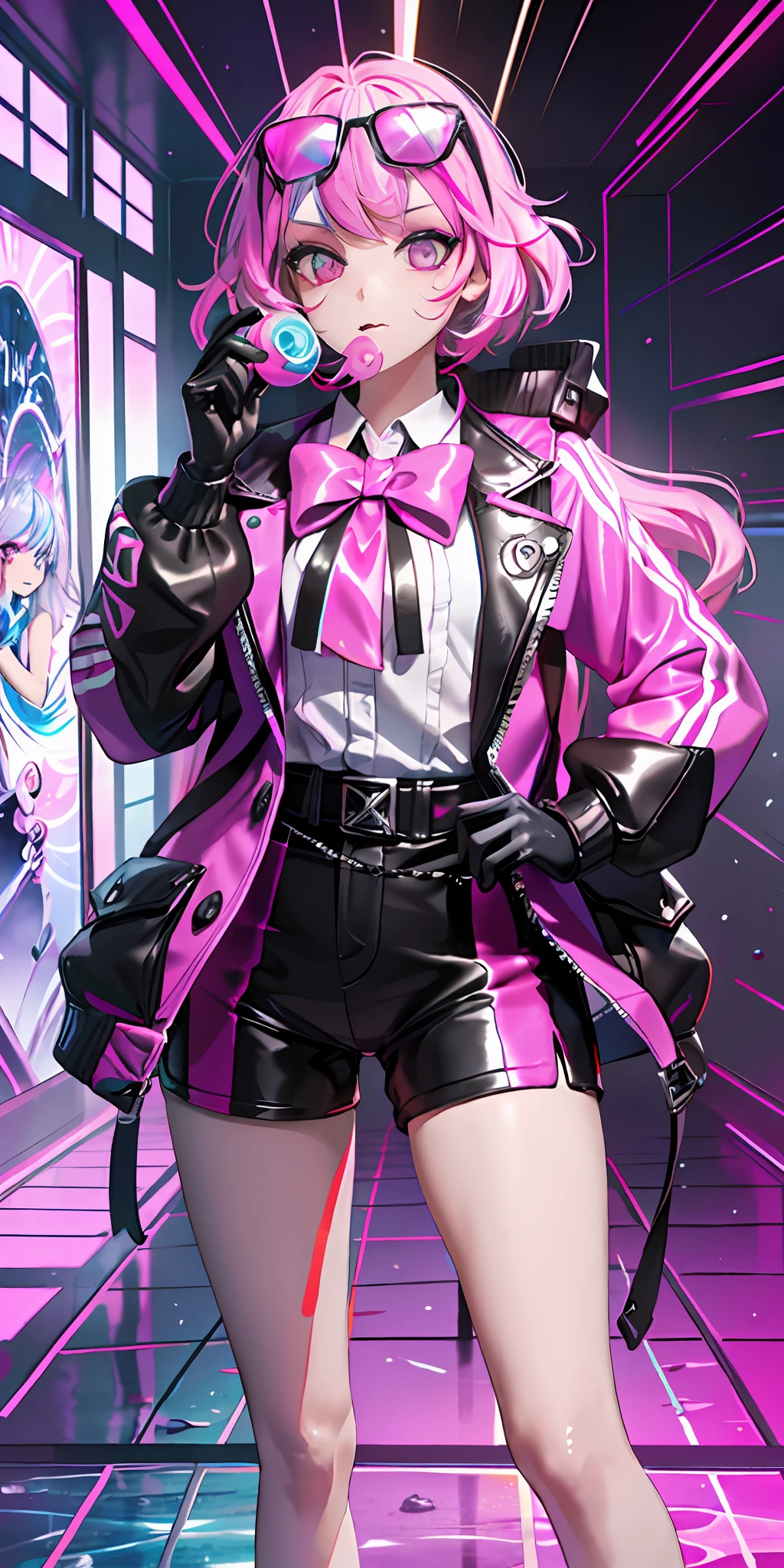 full body, 1girl, li, solo, Eye focus,Masterfully crafted Glow, pink lens flare, Cinematic background,colourful, hyper details, hdr, ultra detailed eyes, mature, plump, rainbow painting drops,(supermodel:1.3), made up from paint, entirely paint, splat, splash, indoors, (bioluminescent hair:1.1),(glowing eyes), ((makeup)), fierce, powerful, splashes of colour absolutely eye-catching, dynamic angle, beautiful detailed glow, ambient occlusion, ambient light, raytraced reflections, retro style, living arcade characters, arcade style world, gloves, jacket,weapon, shorts, black gloves, black jacket, gun, drill hair, black shorts, eyewear on head, bubble blowing, chewing gum, (Cute face:1.3), --s2