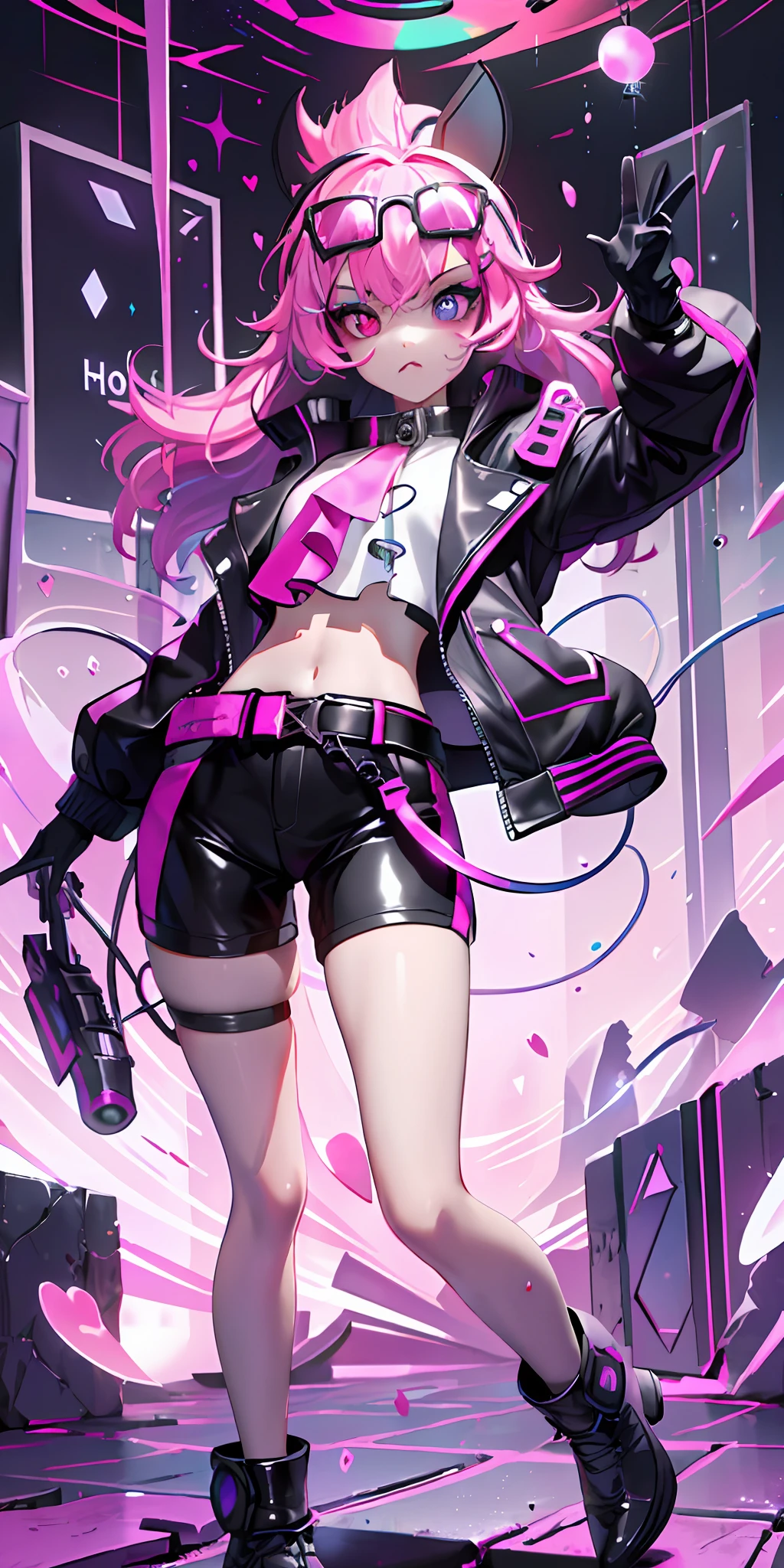 full body, 1girl, loli, solo, Eye focus,Masterfully crafted Glow, pink lens flare, Cinematic background,colourful, hyper details, hdr, ultra detailed eyes, mature, plump, rainbow painting drops,(supermodel:1.3), made up from paint, entirely paint, splat, splash, indoors, (bioluminescent hair:1.1),(glowing eyes),  ((makeup)), fierce, powerful, splashes of colour absolutely eye-catching, dynamic angle, beautiful detailed glow, ambient occlusion, ambient light, raytraced reflections, retro style, living arcade characters, arcade style world, gloves, jacket,weapon, shorts, black gloves, black jacket, gun, drill hair, black shorts, eyewear on head, bubble blowing, chewing gum, (Cute face:1.3), --s2