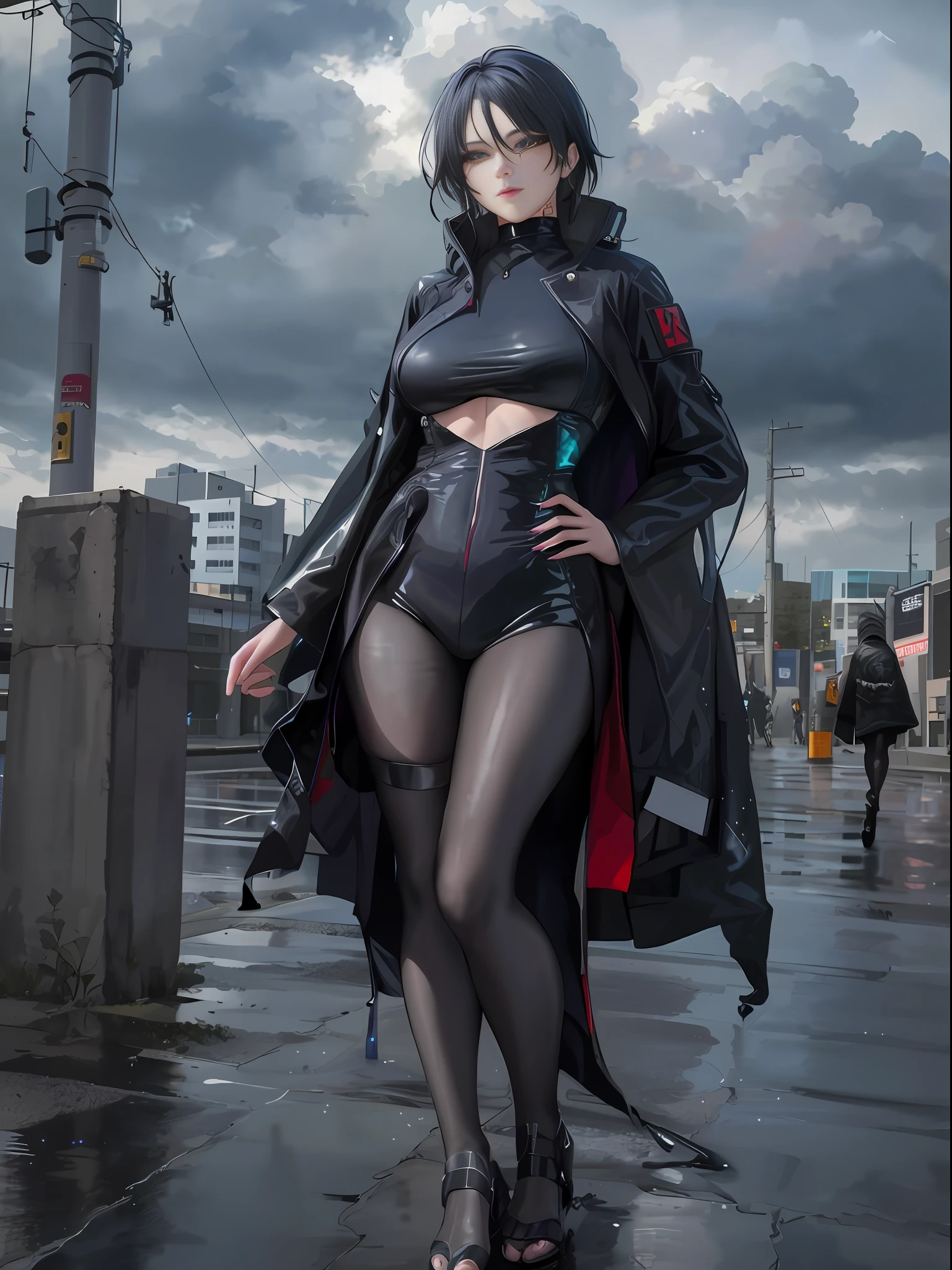 Arad woman posing on wet streets in black costume and black stockings, gorgeous goddess of cyberpunk rage, shaped like a ghost in the ghost in the shell, wearing Japanese tech suit, stylish dark witch, cyberpunk costume, gothic ninja, cyberpunk costume, beautiful cyberpunk woman model, cyberpunk style costume, photo of woman in tech costume, full black cyberpunk costume, wearing apocalyptic clothes, surrealism