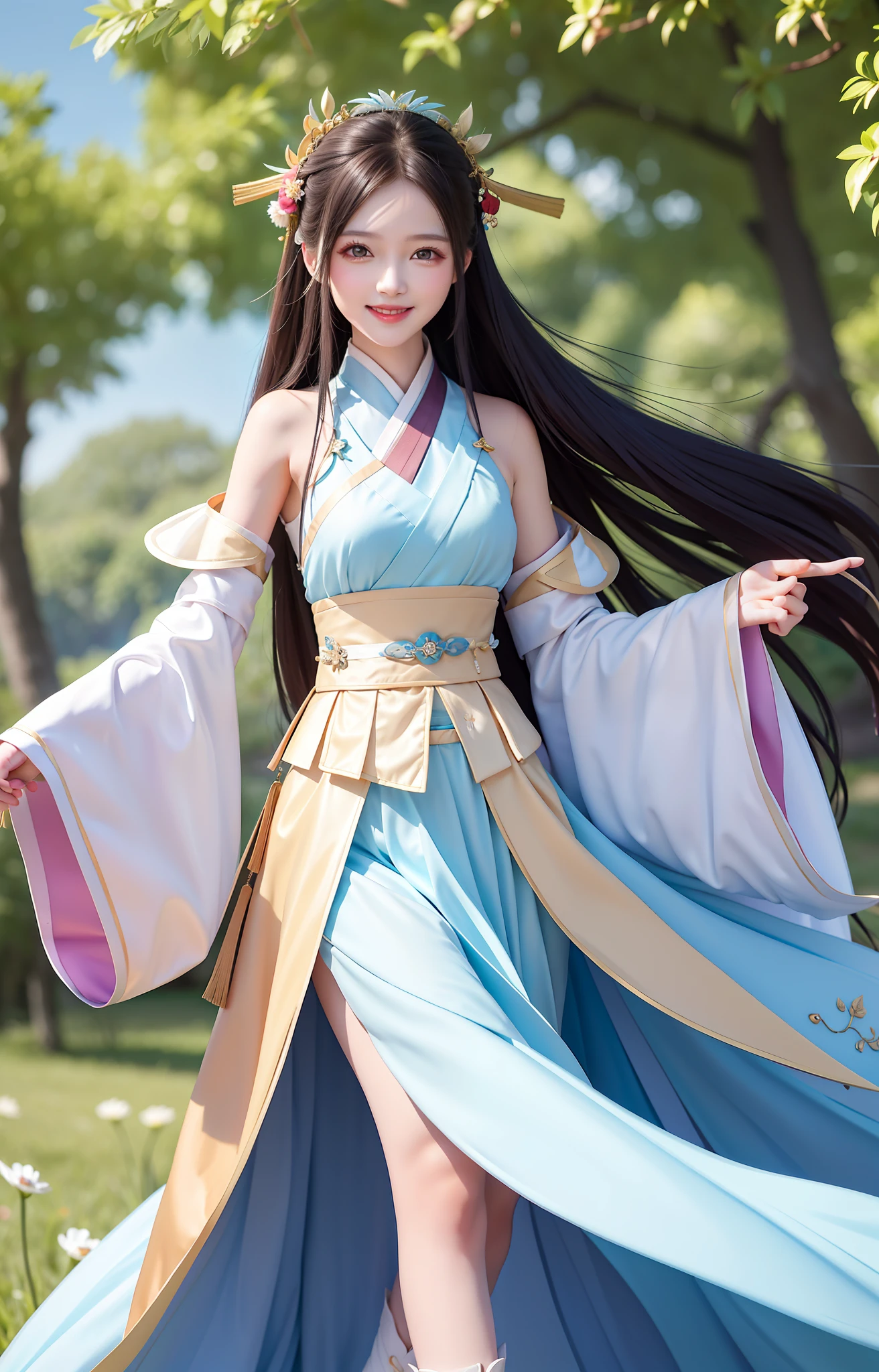 Best quality, masterpiece, hanfu, sleeveless, pleated skirt 0.3, 1 woman, perfect figure, field background . The headdress is simple, charming smile, healing smile, beauty that people can't forget when they look at it, large aperture