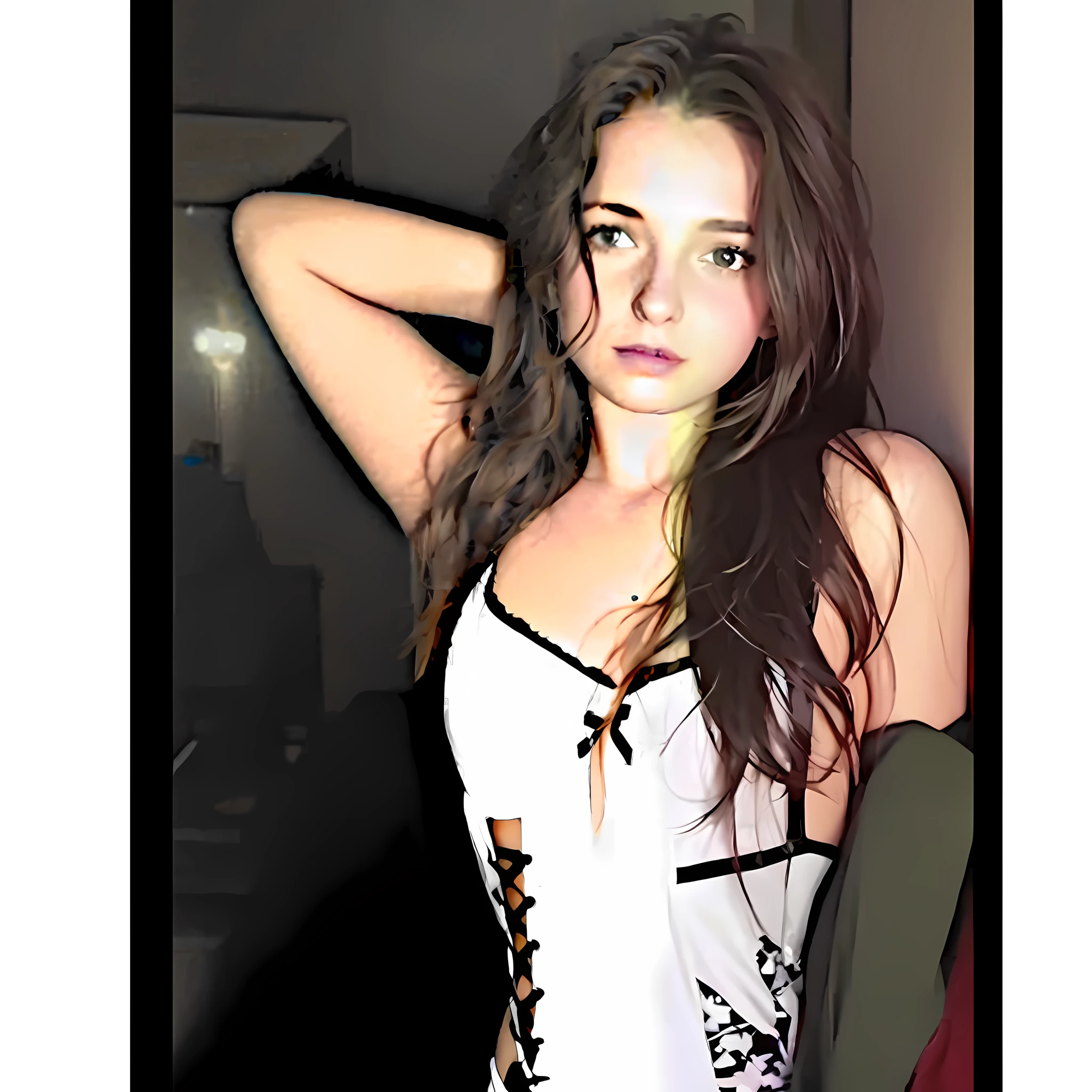 there is a woman that is posing for a picture in a room, profile shot, 2 4 year old female model, posing in a bedroom, she is about 1 6 years old, beautiful alluring teen, looking hot, girl next door innocent look, in a leather corset, slight smirk, sexy look at the camera, a beautiful teen-aged girl