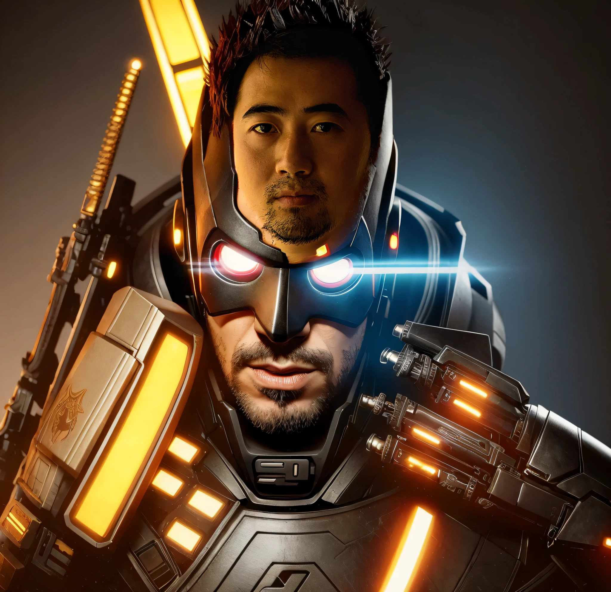 Blade Runner, Cyberpunk, Background Punk, Bone Caliente Mech Angle Face Portrait of a Spanish Ninja Humanoid Robot, With Handsome Features, Boyishness, Piroca, Dotado, Guapo, Reflective Surface, Overwatch, Trends on CGSOCIETY, Trends on ArtStation