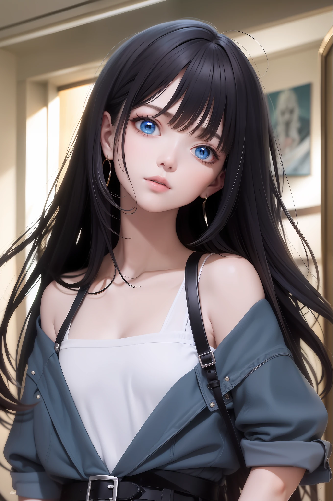 best quality, masterpiece, black hair, blue eyes, looking up, upper body