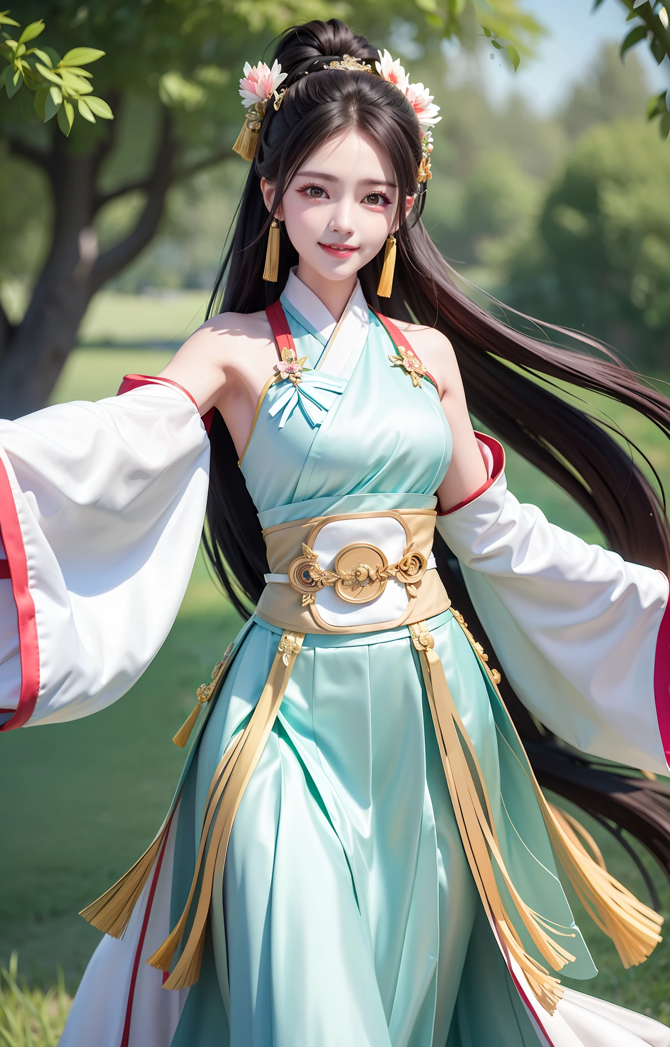 Best quality, masterpiece, hanfu, sleeveless, pleated skirt, 1 woman, perfect figure, pastoral background. Simple headdress, high ponytail, charming smile, healing smile, beauty that people can't forget when they look at it, large aperture
