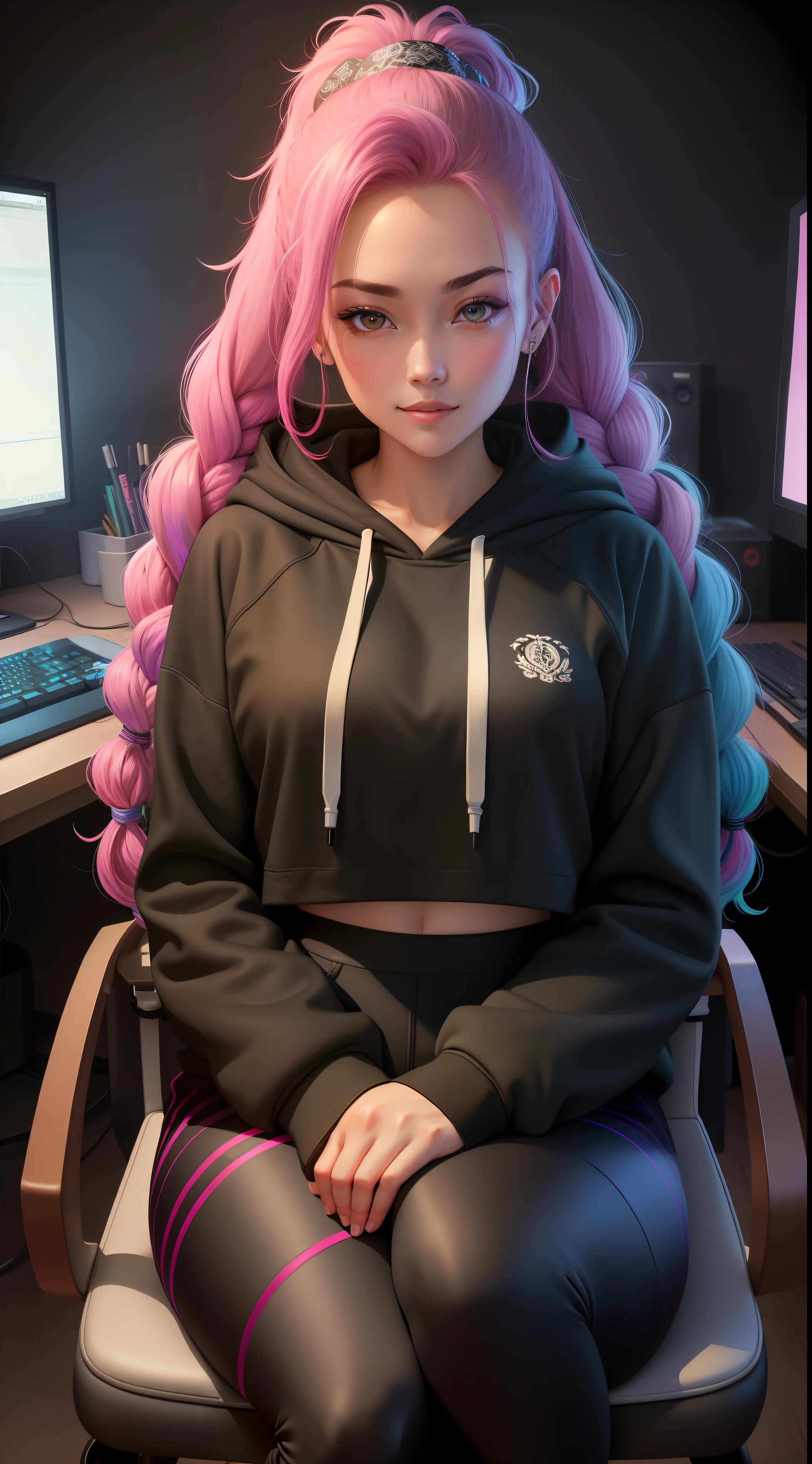 Game girl sitting in dark game room in front of a complicated table, expensive gaming computer, 25 years old, masterpiece, RGB, intricate details, vibrant, contrast, twitch (live), microphone, camera, filigree, super sharp, light particles, light, cute, perfect female face, extremely attractive, (playful), 8k, vaporwave, (comfortable), technology, love, happy, rule of thirds, hoodie and leggings, sporty, fitted, double braids, frequency, teacup, Desk accessories