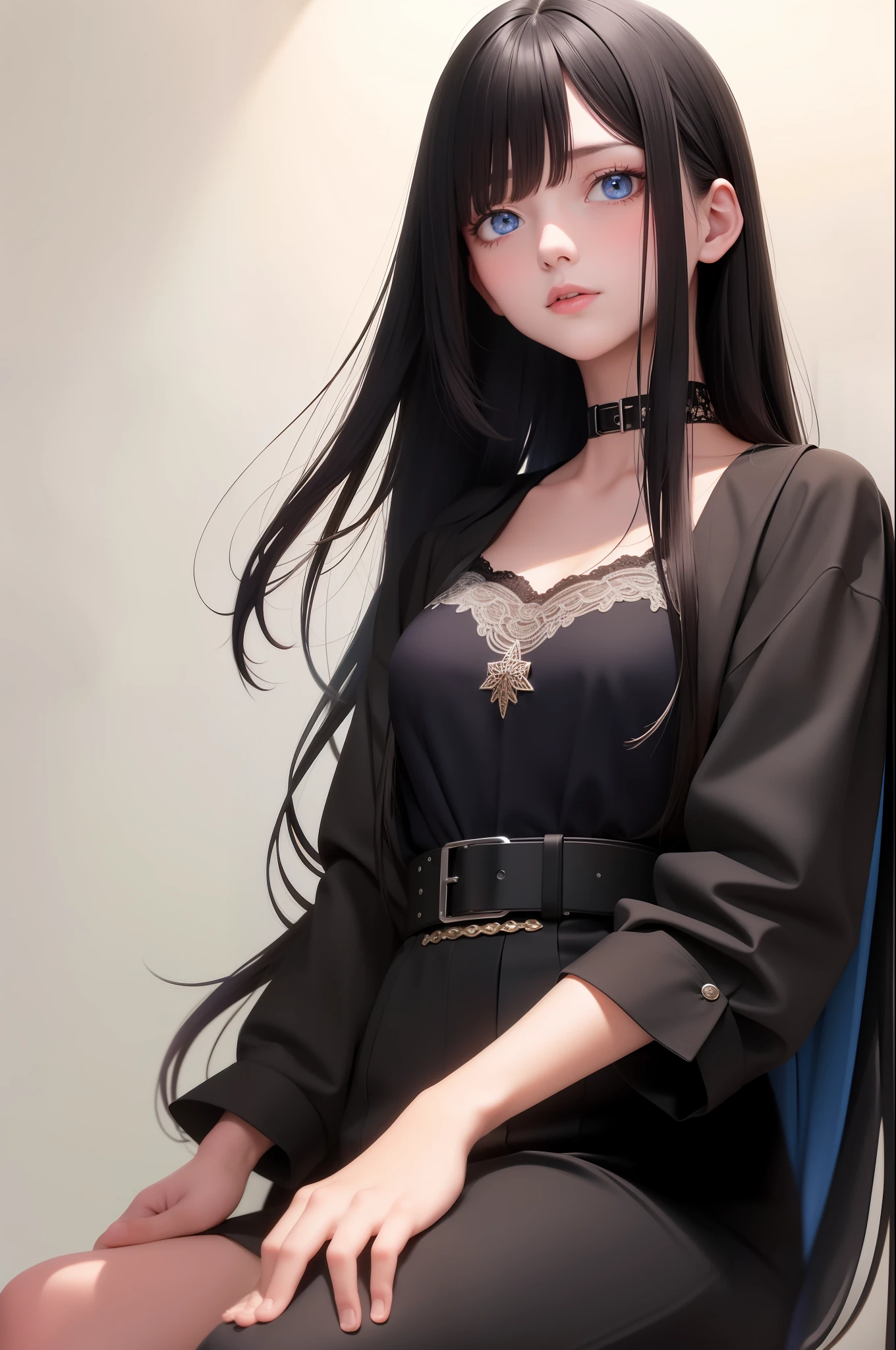 best quality, masterpiece, black hair, blue eyes, looking up, upper body