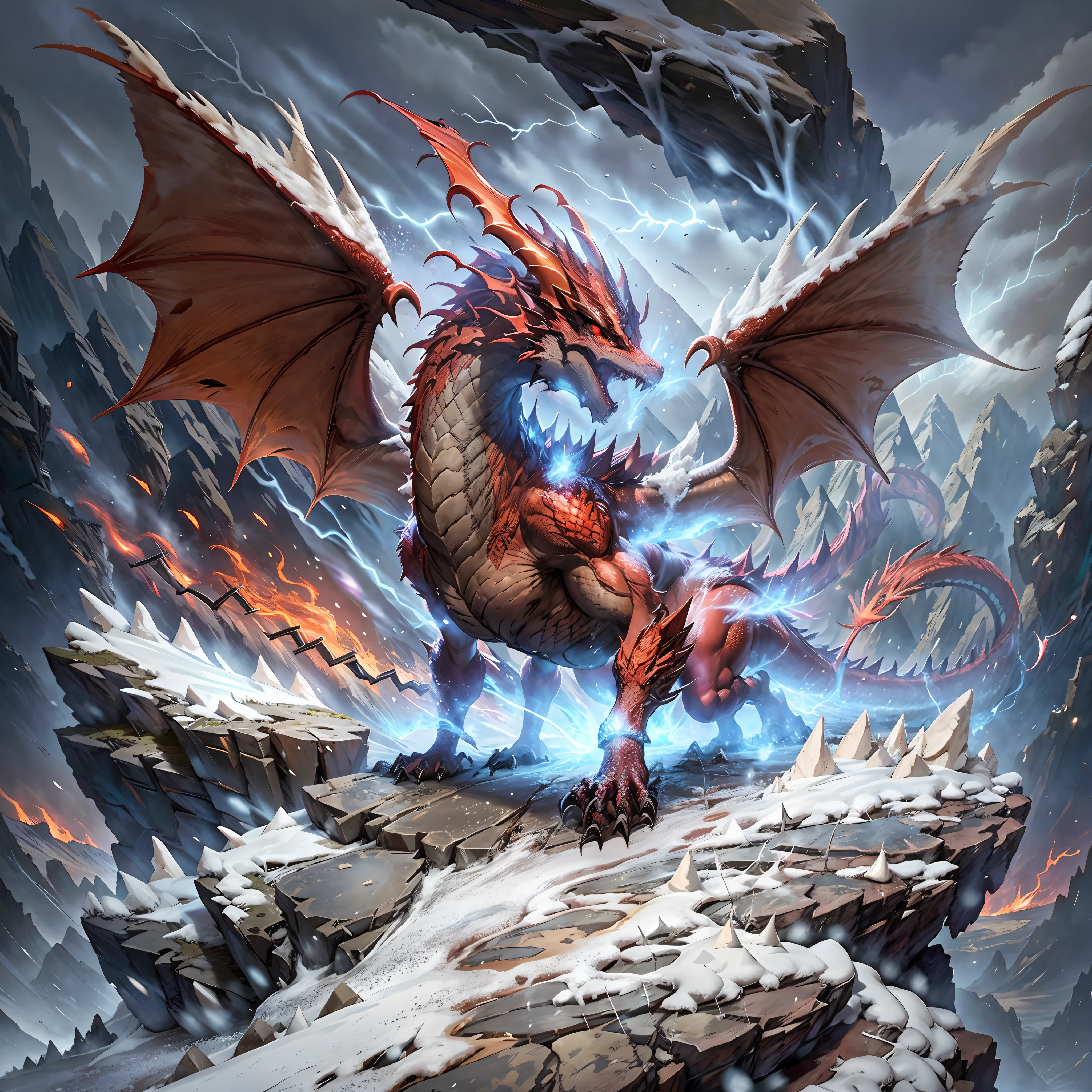 textless, photo, a majestic red dragon surrounded by fire, landscape with snow and rocks, snowflakes falling out of the sky