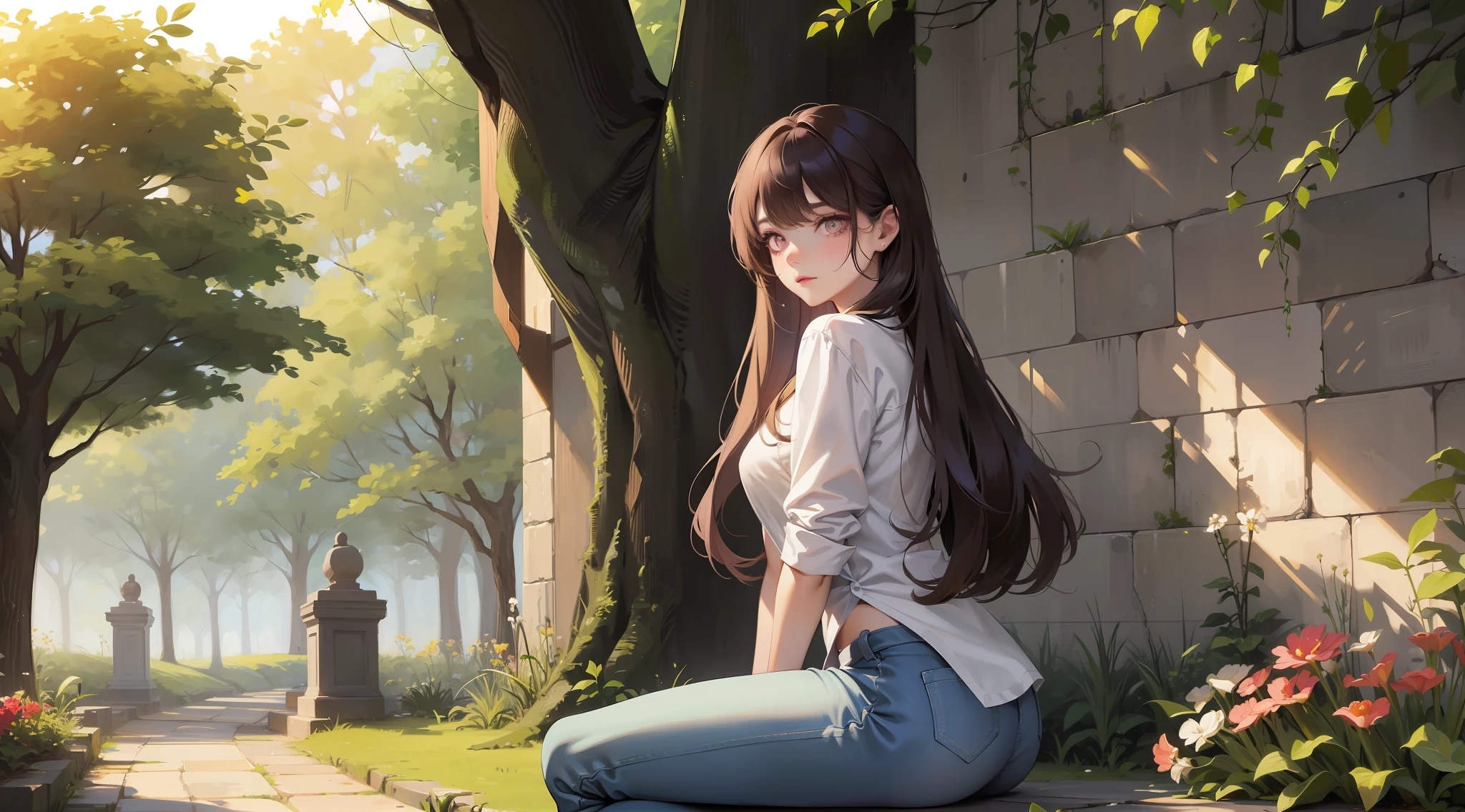 Beautiful young woman, (appearance: 1.1), pink eyes, long hair pouring down from behind, wearing a loose shirt or shirt, jacket of skinny jeans or leggings, casually leaning against a wall or tree, one leg crossed over the other, looking relaxed and contemplative, with a serene expression on her face, probably in a garden or park, with flowers or trees in the background.