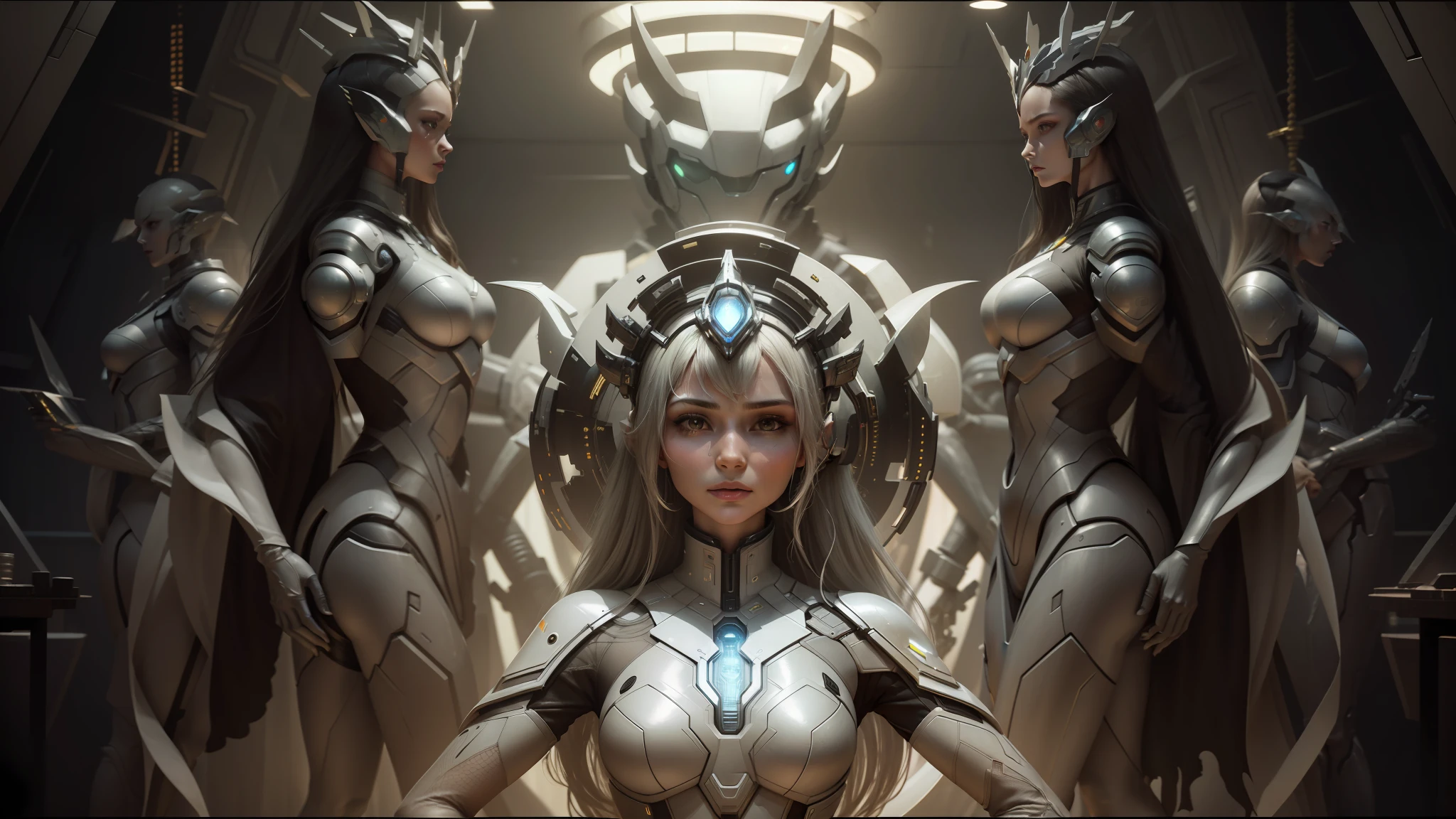 arafed woman in a futuristic suit standing in a room with many metal objects, still frame from prometheus, by Huang Ding, white russian clothes, rendering of beauty pageant, mesh headdress, machine elves, luxury advertisement, shoulders can be seen, cyber patterns, still frame from a movie --ar 16:9 --auto --s2