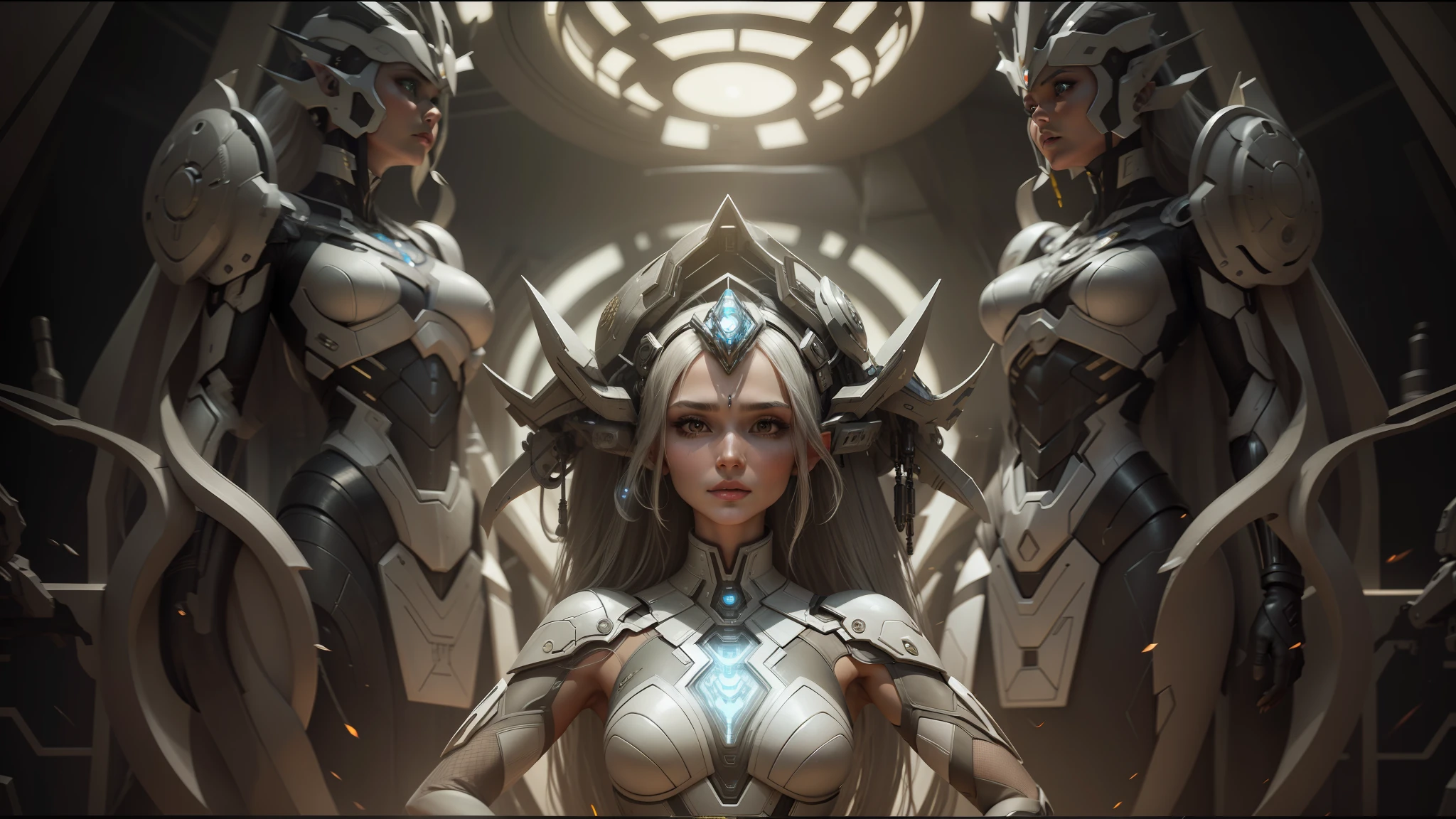 arafed woman in a futuristic suit standing in a room with many metal objects, still frame from prometheus, by Huang Ding, white russian clothes, rendering of beauty pageant, mesh headdress, machine elves, luxury advertisement, shoulders can be seen, cyber patterns, still frame from a movie --ar 16:9 --auto --s2