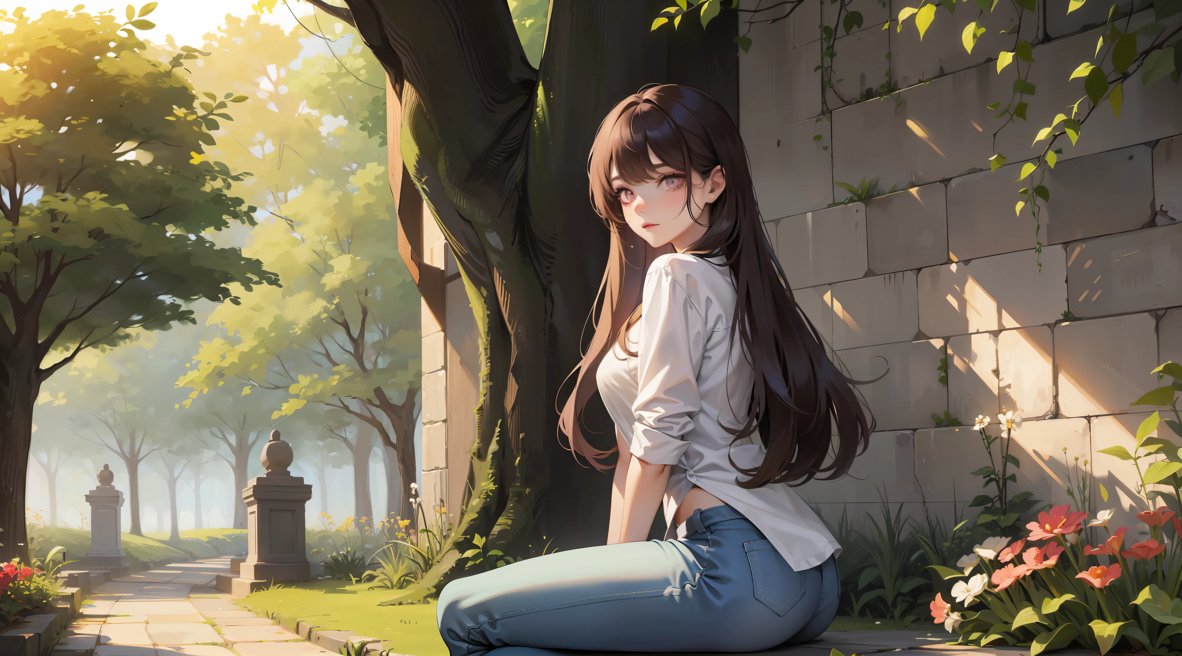 Beautiful young woman, (appearance: 1.1), pink eyes, long hair pouring down from behind, wearing a loose shirt or shirt, jacket of skinny jeans or leggings, casually leaning against a wall or tree, one leg crossed over the other, looking relaxed and contemplative, with a serene expression on her face, probably in a garden or park, with flowers or trees in the background.