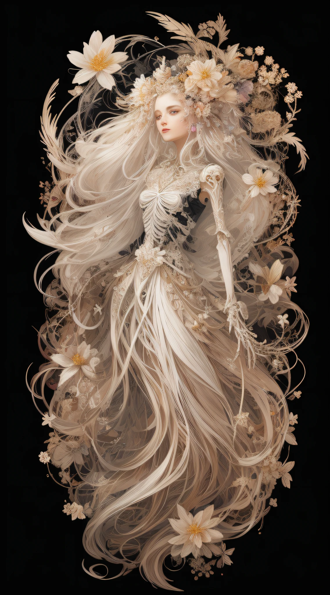 (Skeleton image: 0.4), (gorgeous princess)), (with long flowing white hair), (with long flowing white hair), (bright and beautiful eyes), Art Station Trend, Flower of Hope by Jean-Honor Fragonard, Peter Mohrbacher, Super Detailed, Crazy Details, Stunning, Complex, Elite, Art Nouveau, Gorgeous, Liquid Wax, Elegant, Luxurious, Greg Rutkowski, Ink Style, Stickers, Beautiful Characters in Vector Art design, double exposure shooting, night light design, award winning work, masterpiece, amolded black background,