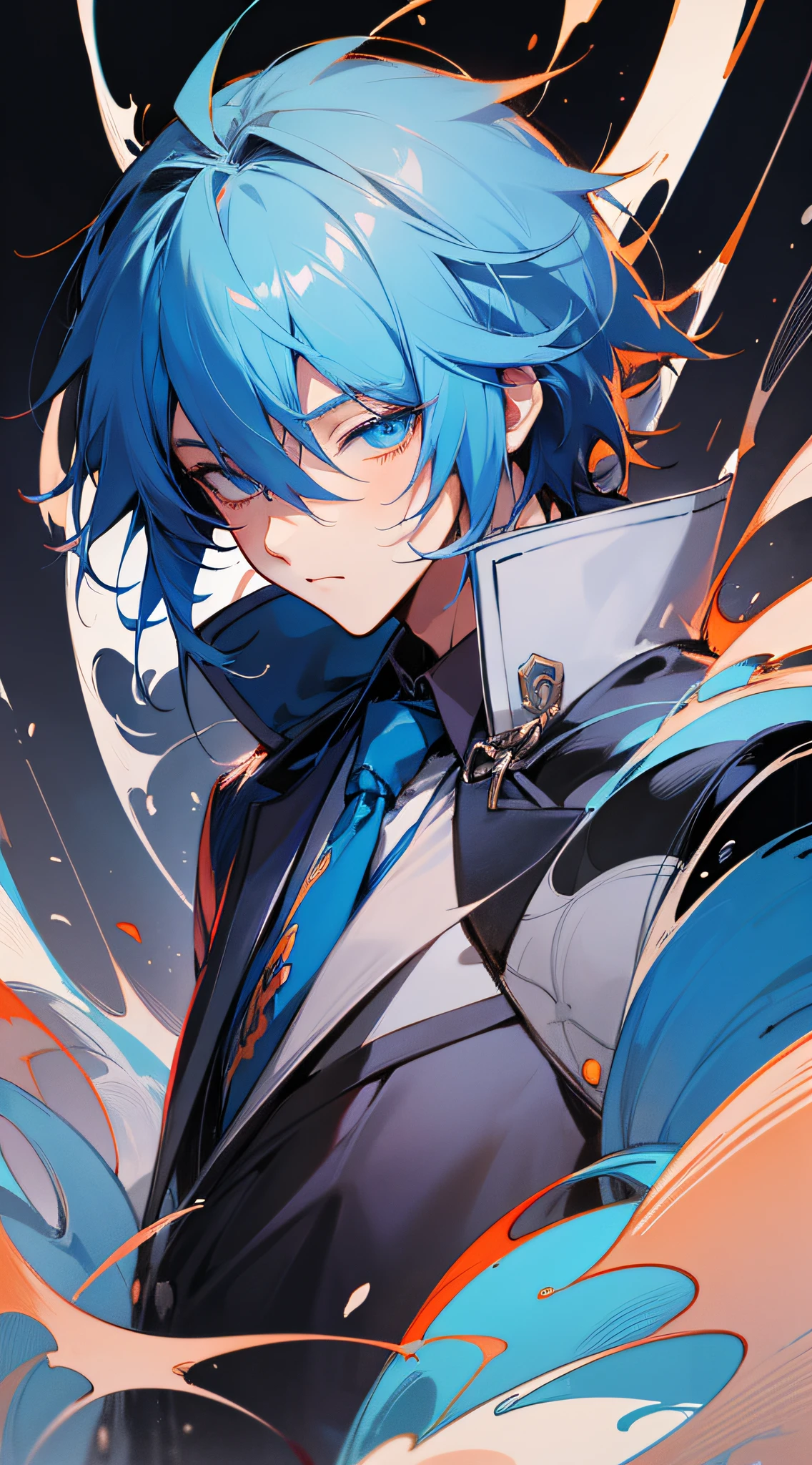 Anime boy, blue hair and red tie, black jacket, blue eyes, handsome eyes, one hand covering eyes, fine details anime art, Masamune Shiro, young anime people, detailed Hajime Yatatate character design, Fus Rei brush strokes, night core scene, moe anime style. --auto --s2