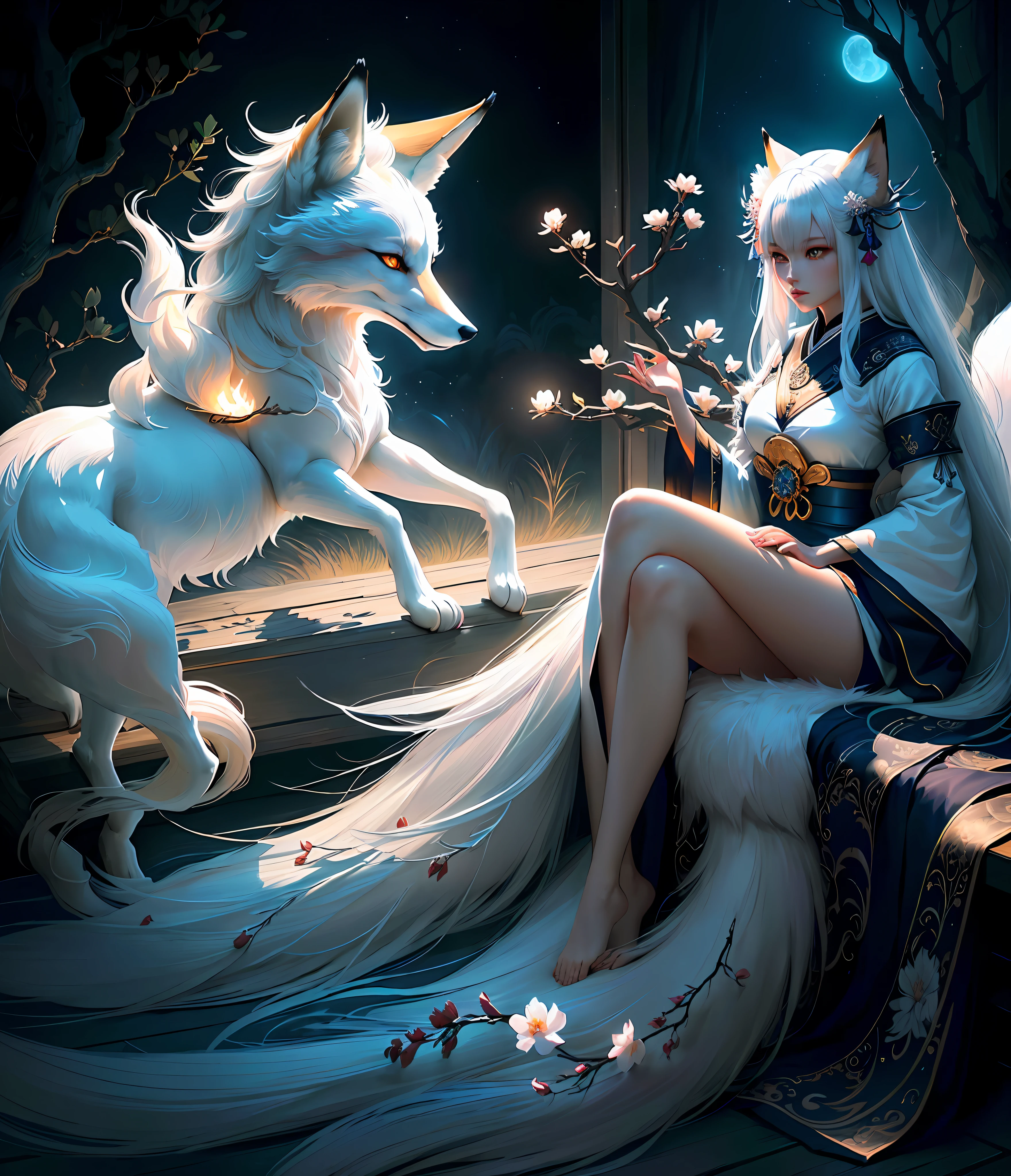 The background is a painting of a big moon, dreamy, a fox with white hair sitting on a branch under the stars, ethereal fox, nine-tailed fox, fox three-tailed fox, Onmyoji detailed art, nine tails, beautiful artwork illustrations, mythical creatures, foxes, beautiful digital artwork, exquisite digital illustrations, mizutsune, inspired by mythical creature wildnet, digital art on pixiv, bright light, high contrast, horror movie theme, dark atmosphere