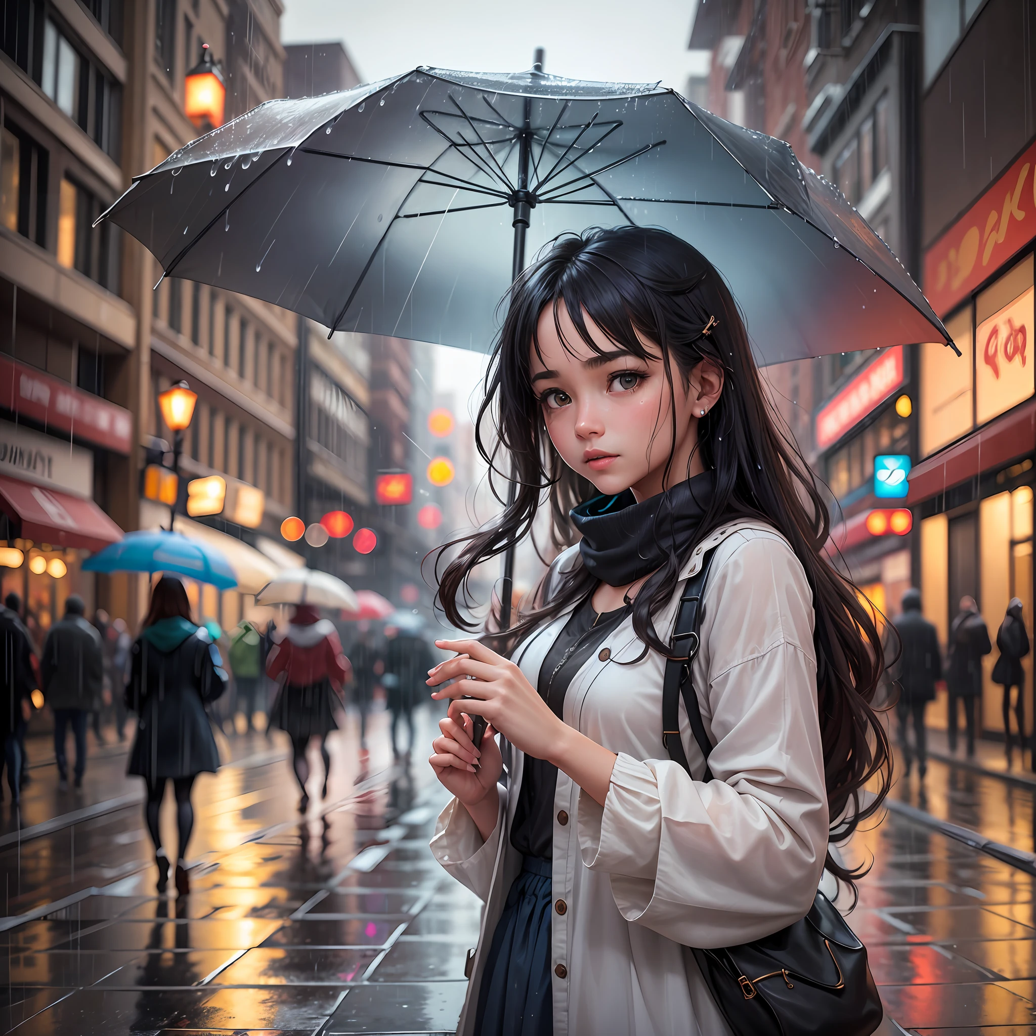 Description: In the heart of a bustling city, rain cascades down, painting the streets with a glistening sheen. Against the backdrop of a vibrant storefront, a beautiful girl stands undeterred by the downpour. Her face is a portrait of both vulnerability and resilience as she gazes into the distance. Raindrops dance upon her umbrella, creating a symphony of rhythmic serenade. Explore the emotions, stories, and connections that emerge from this encounter between the girl, the rain, and the world beyond. --auto --s2