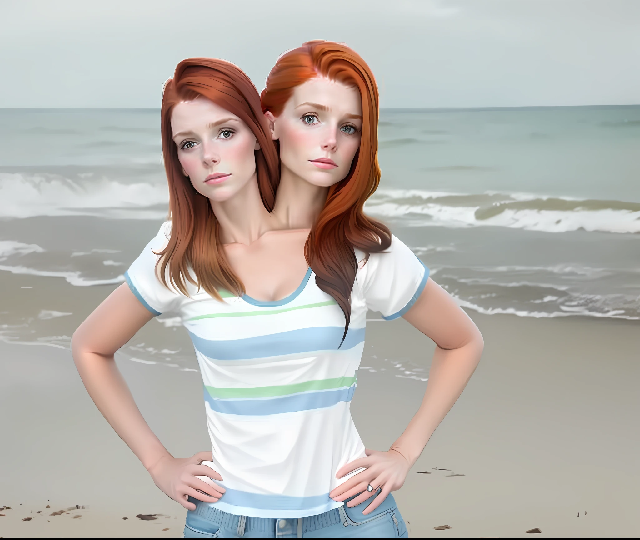 2heads, mom and daughter, (one head1.5 child), white girls, two heads on one body, conjoined twins, heads side by side, one torso, young, photorealistic, uncomfortable, (one head1.3 auburn hair), (one head1.3 blonde hair)