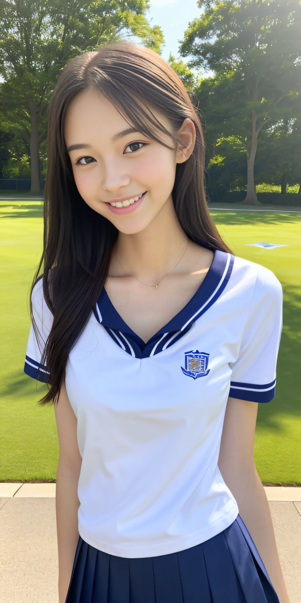 neat college girl, petite, (school uniform, summer clothes, short sleeves), outside the athletic field, (slim), photorealistic, detail, skin texture, ultra detail, delicate and sexy collarbone, smile, super detailed face, detailed lips, detailed eyes, breast emphasis