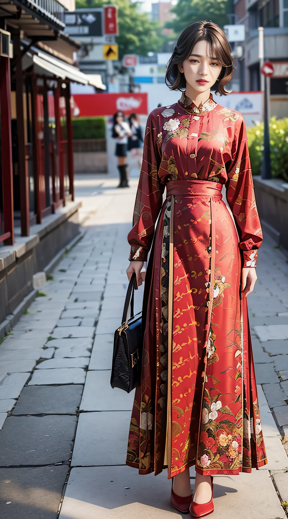 (Dark red print long dress: 1.2), (flower print: 1.2), (white long sleeves), high heels, 1 girl, full body, high heels, (Short hair: 1.1), (Realistic: 1.7), (Best quality)), Ridiculous, (Ultra High Resolution), (Realistic: 1.6), Realistic, Octane Rendering, (Surreal: 1.2), (Realistic Face: 1.2), (8K), (4K), (Masterpiece), (Realistic Skin Texture), (Illustration, Cinematic Lighting, Wallpaper), (Beautiful Eyes: 1.2), (((Perfect Face)))), (Cute), (Standing), (Brunet), (Short Hair), Black Eyes, Red Lips, (Outdoor), (8K , RAW photos, best quality, masterpiece), ultra-high resolution,