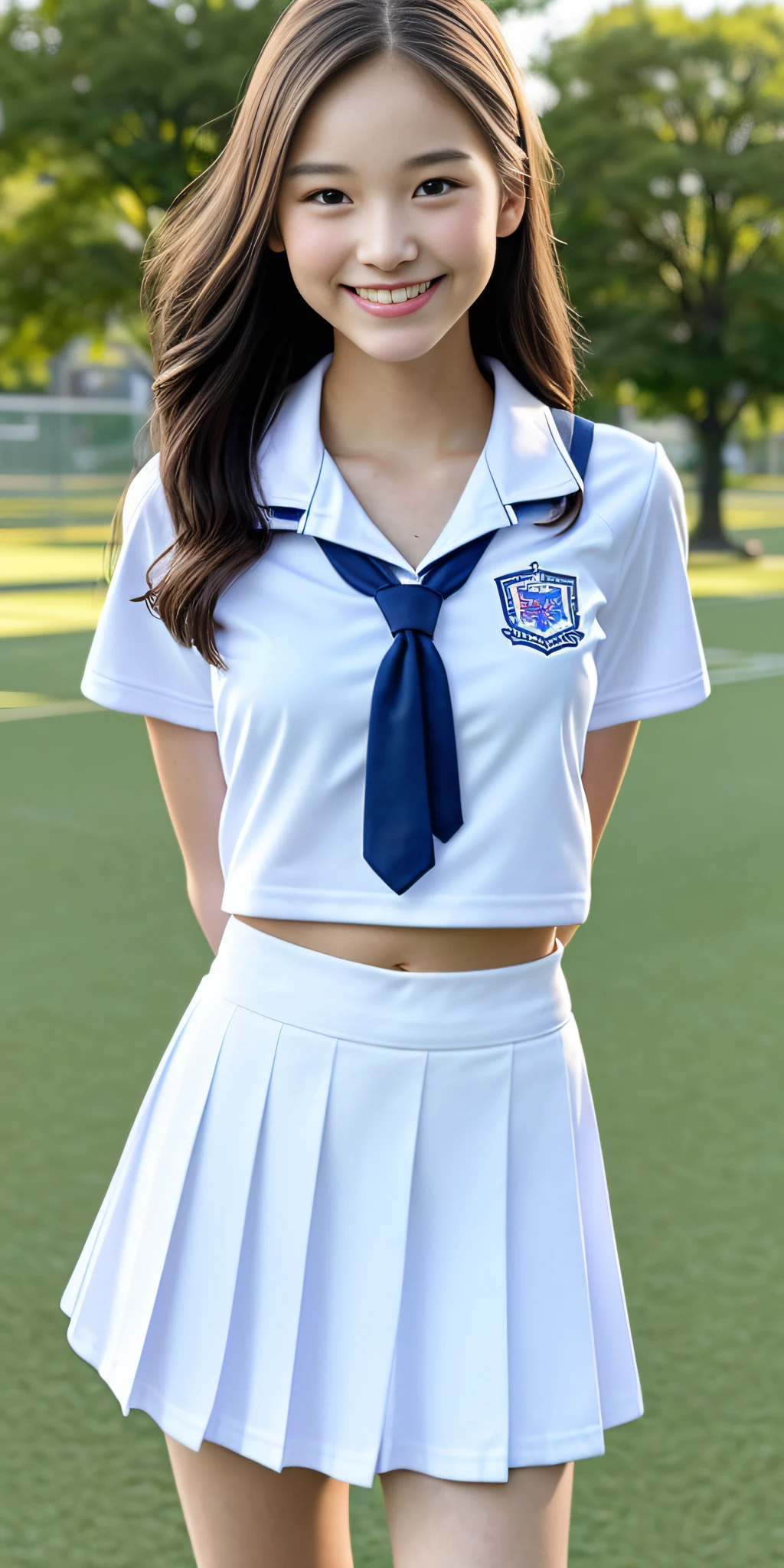 neat college girl, ite, (school uniform, summer clothes, short sleeves), outside the athletic field, (slim), photorealistic, detail, skin texture, ultra detail, delicate and sexy collarbone, smile, super detailed face, detailed lips, detailed eyes, breast emphasis