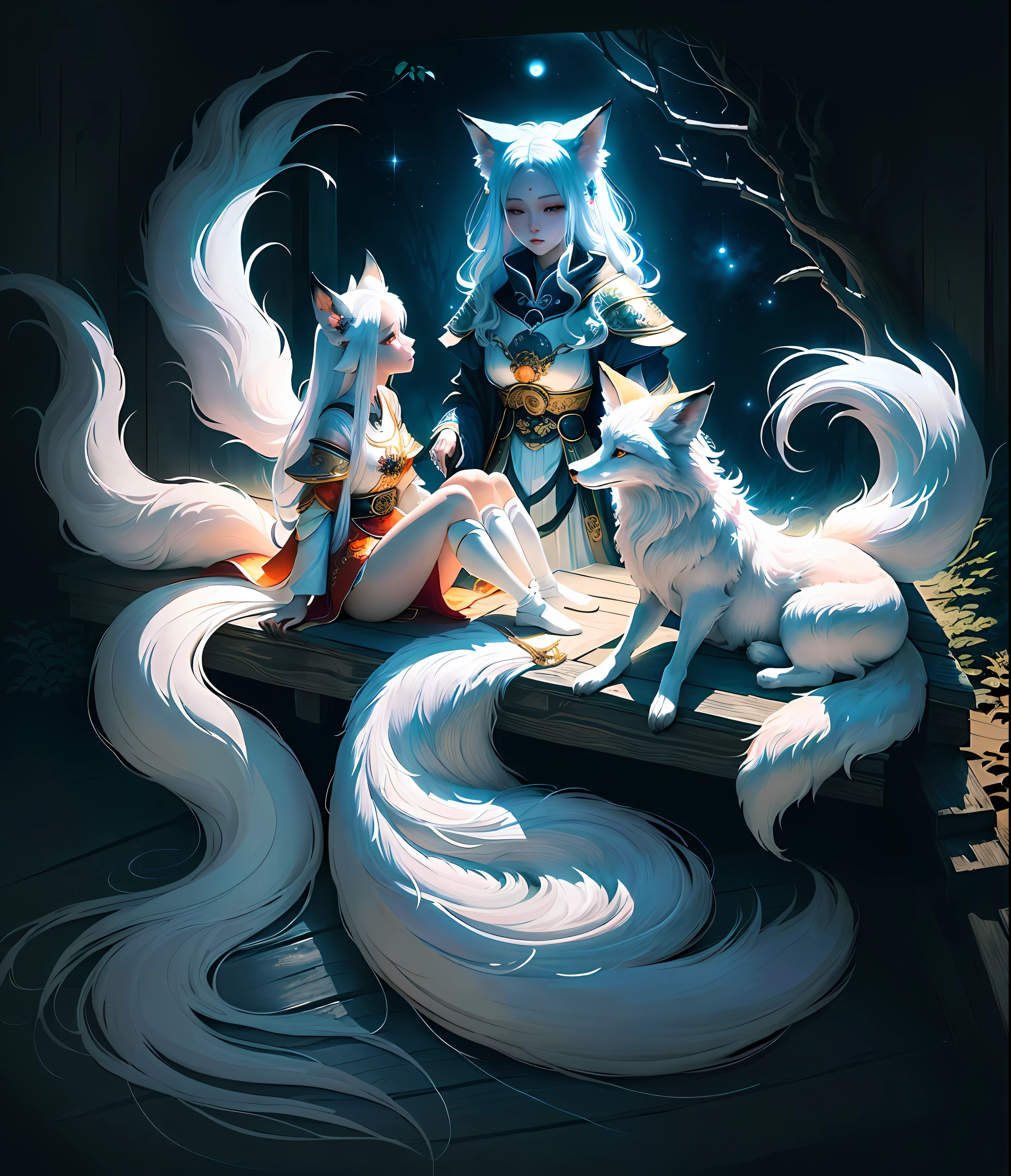 The background is a painting of a big moon, dreamy, a fox with white hair sitting on a branch under the stars, ethereal fox, nine-tailed fox, fox three-tailed fox, Onmyoji detailed art, nine tails, beautiful artwork illustrations, mythical creatures, foxes, beautiful digital artwork, exquisite digital illustrations, mizutsune, inspired by mythical creature wildnet, digital art on pixiv, bright light, high contrast, horror movie theme, dark atmosphere