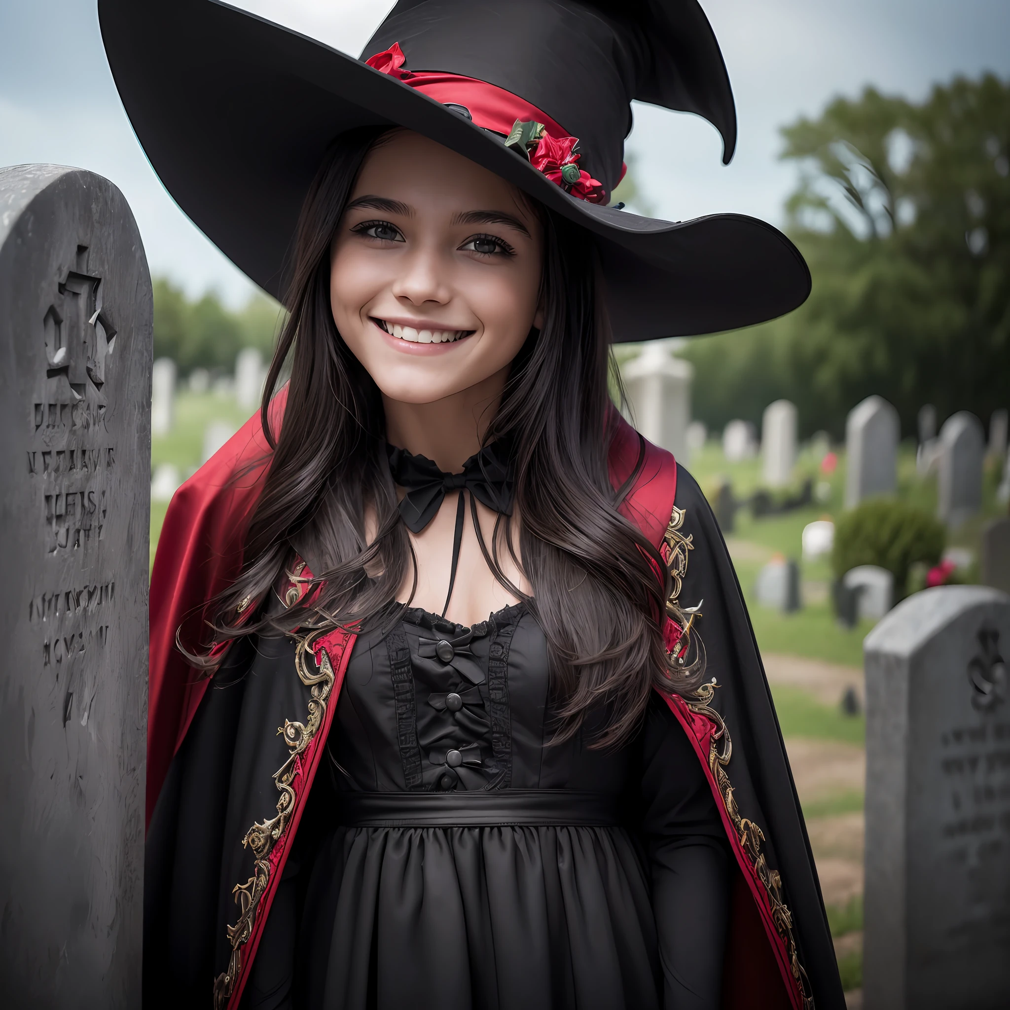 masterpiece, best quality, 8k, sharp focus, (((superrealistic)), high details, raw photo portrait, 1 smiling  in a witch costume with a black hat and red cape, wicked smile, happy, bright, black cowboy, big black smile, colorful portrait, a devilish smile on his face, playful, handsome, smiling, cunning smile, in a cemetery, graves, tombstones, storm (((depth of field))):1.8 The expression lines on his face can be seen clearly. The texture of your face and clothes is exceptionally super detailed.