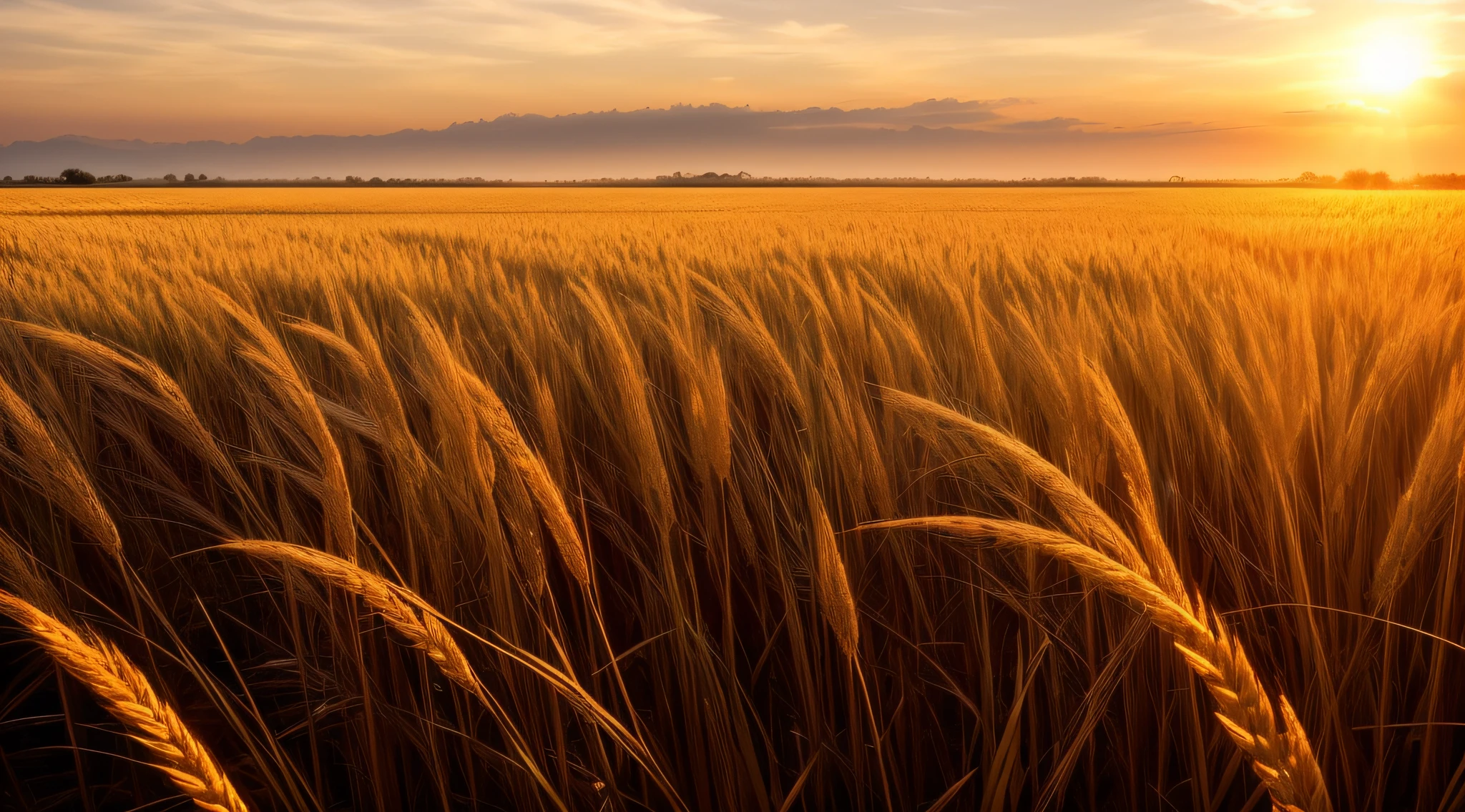 wallpaper, masterpiece, cinematic, soft light, depth of field, ray tracing, realism, ulra detail,sun, swaying ears of rice,