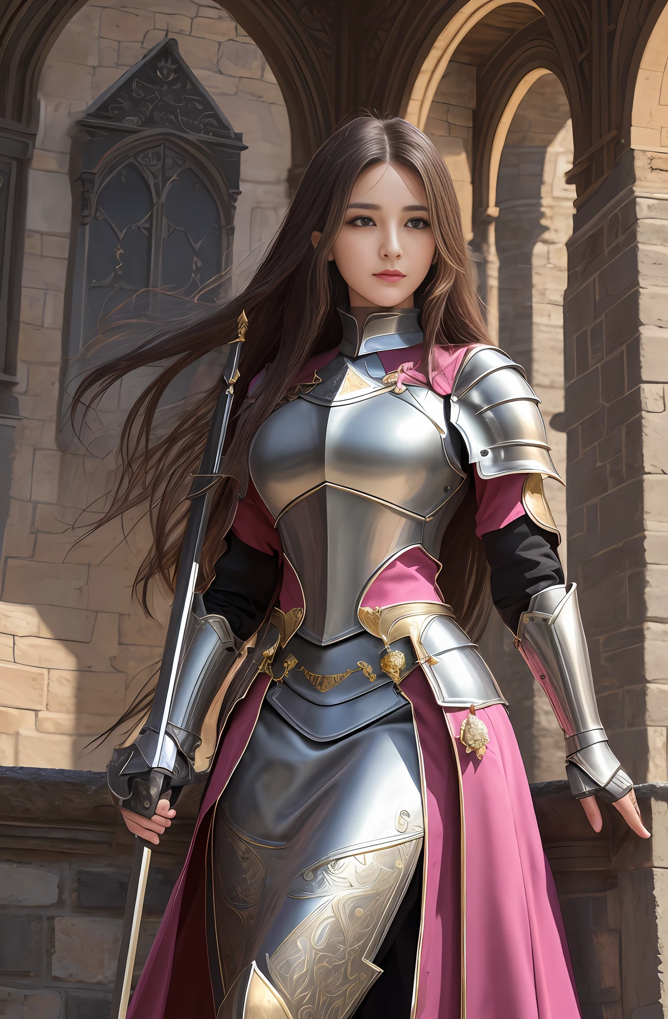 (16k, masterpiece, best quality), ultra-detailed, detailed beautiful round eyes, beautifully detailed face, high quality, high resolution, a female knight, in the castle, goddess, straight hair, hero, castle background, big breast, mature women, dynamic pose, black pink long hair, looking into the distance, knight pose