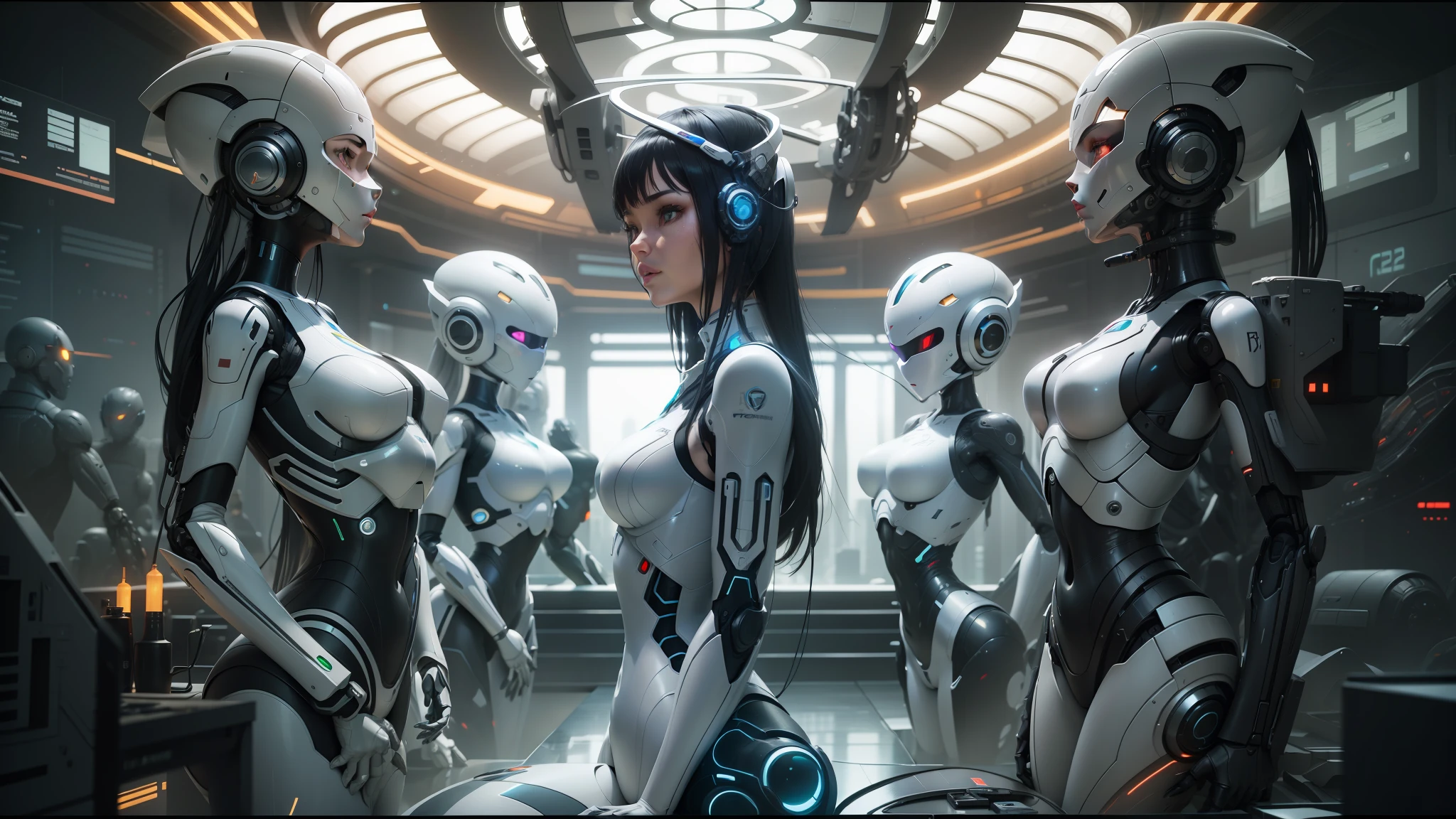 there is a woman sitting in a room with many robots, 2 0 2 1 cinematic 4 k framegrab, wojtek fus, trending on mentalray, sifi, android, autodesk, hajime sorayama aaron horkey, cinematic. white, the origine of cybertimes, by Jan Tengnagel, by Konstantin Savitsky, interconnected human lifeforms --ar 16:9 --auto --s2