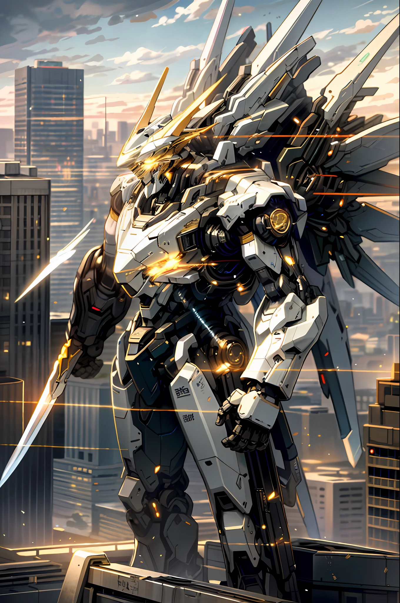 sky, cloud, holding_weapon, no_humans, glowing, , robot, building, glowing_eyes, mecha, science_fiction, city, realistic,gold mecha, photon wing