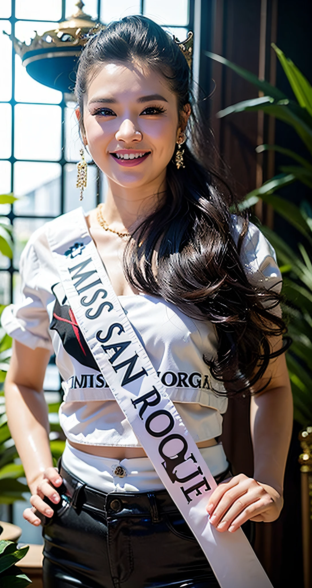 a close up of a woman in a white wet shirt and black short shorts, centre image, sukhothai costume, royal elegant pose, regal pose, mai anh tran, proud look, queen of the sea mu yanling, model posing, with crown, miss universe, pr shoot, top, mid shot portrait, full body photogenic shot, may, proud smile, perfect hands and fingers,