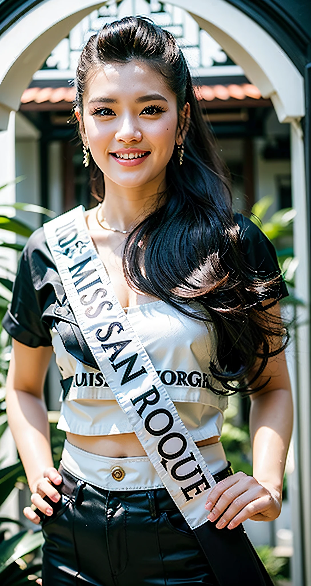 a close up of a woman in a white wet shirt and black short shorts, centre image, sukhothai costume, royal elegant pose, regal pose, mai anh tran, proud look, queen of the sea mu yanling, model posing, with crown, miss universe, pr shoot, top, mid shot portrait, full body photogenic shot, may, proud smile, perfect hands and fingers,