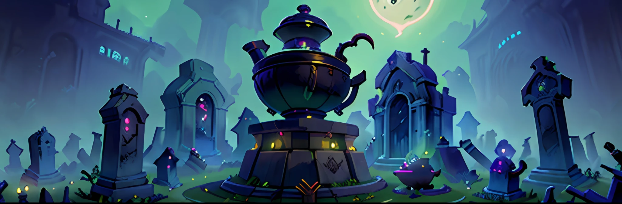 16-bit pixel graphics, gloomy atmosphere, night, masterpiece, best quality, ultra-detailed, isometric, sorceresses brew a potion in a huge cauldron, against the background of graveyard (cemetery), flying ghosts (flying ghosts).