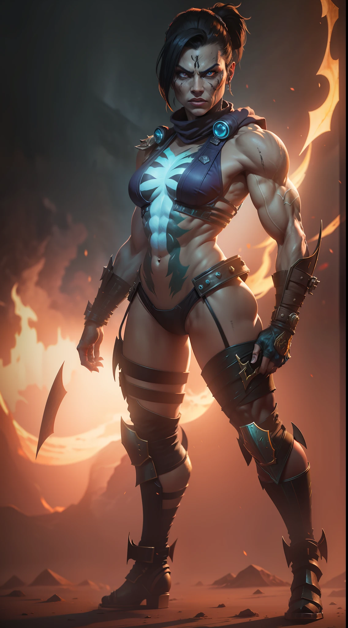 Mortal Kombat Kotal Kahn as a female, standing, post apocalytic dessert, night time, colorful background, UHD, side lighting, ultra realistic, ray tracing, full body must be shown