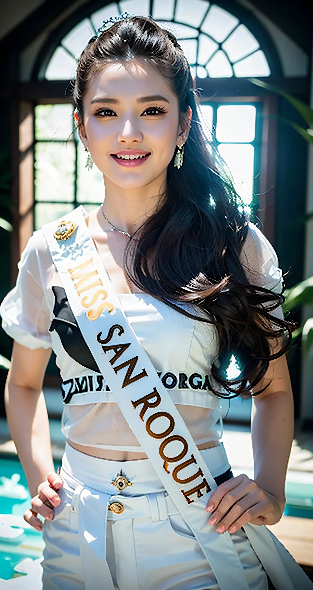 a close up of a beautiful woman in a white wet shirt and black short shorts, perfect body figure, centre image, sukhothai costume, royal elegant pose, regal pose, mai anh tran, proud look, queen of the sea mu yanling, model posing, with crown, miss universe, pr shoot, top, mid shot portrait, full body photogenic shot, may, proud smile, perfect hands and fingers,