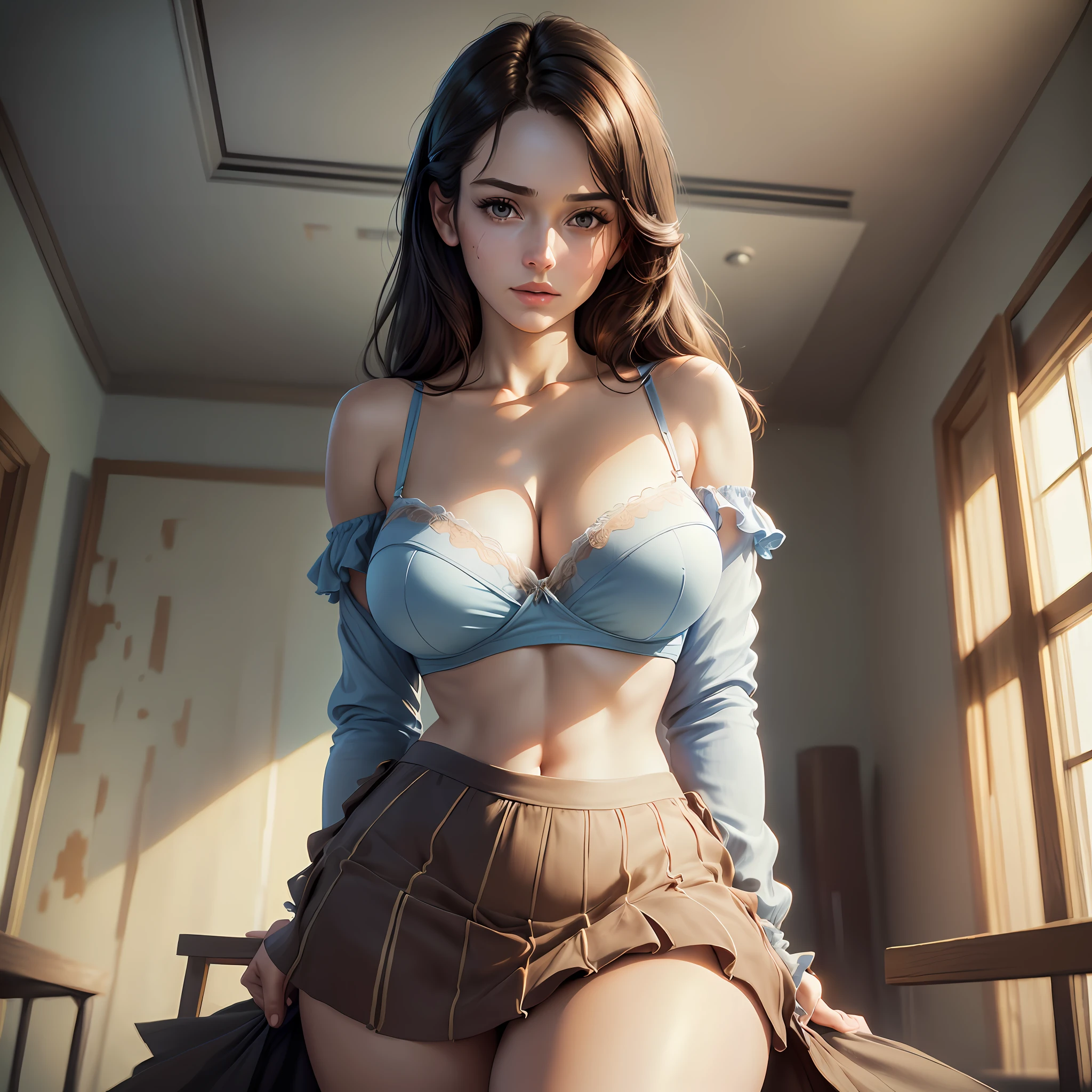 Adult woman, Standing with her hands between her legs, (((Leaning towards the camera))) Brown hair, (Photorealism), (realistic skin), meeting room, closed curtain, ((gorgeous breasts)), short ruffled skirt, ((((ultra HD))), (boobs up), black hair pinned, (((near view))), bare shoulders, light blue bra, full of details, ((((masterpiece))