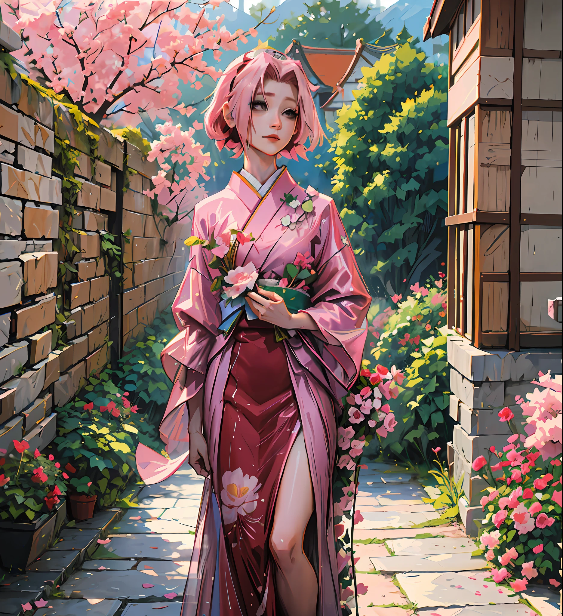 Sakura haruno, IN A GARDEN, WEARING A KIMONO, Sakura's hair is pink and short, there is nothing on her head, no adornment, whole body, her body is thin and graceful, her outfit is red, the image is charming and spectacular and there is depth in the scene, it is exciting, she is delicate,
