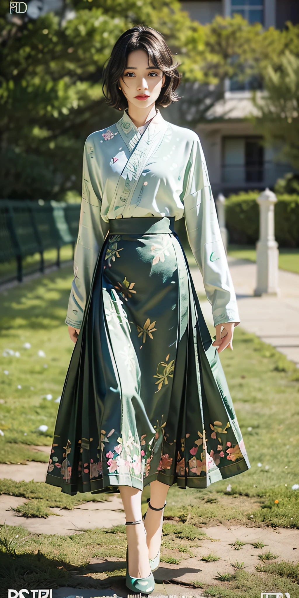 (dark green printed long skirt:1.2),(flowers print:1.2),(white long sleeves),high heels,1 girl,full body, high heels,(short hair:1.1), (realistic:1.7),((best quality)),absurdres,(ultra high res),(photorealistic:1.6),photorealistic,octane render,(hyperrealistic:1.2), (photorealistic face:1.2), (8k), (4k), (Masterpiece),(realistic skin texture), (illustration, cinematic lighting,wallpaper),( beautiful eyes:1.2),((((perfect face)))),(cute),(standing),(black hair),(short hair),black eyes,red lips, (outdoors),