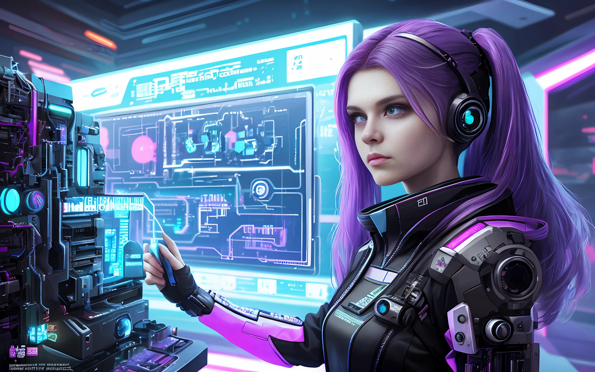 A girl in futuristic clothes with a futuristic face with a tail of purple hair hold in her hands a graphic accelerator that controls a computer terminal, computer servers, LCD screens, fiber optic cables, Anastasia Ovchinnikova, Marina Fedorovna, photo Jessica Devic, Sofia Emelenko, Maria Panfilova, Alexandra Valishevskaya, Nadezhda Tikhomirova, Katinka Reinke, Angelina Stroganov, Svetlana Tigay, cyberpunk art style, cyberpunk thematic art, art style cyberpunk, cyberpunk girl portrait, cyberpunk portrait, cyberpunk bright glow, advanced cyberpunk digital art, cyberpunk style, cyberpunk style color, hyper-realistic cyberpunk style, female cyberpunk, cyberpunk character art, dreamy cyberpunk girl, cyberpunk atmosphere, cyberpunk atmosphere, cyberpunk vibes, high detail, cinematic composition