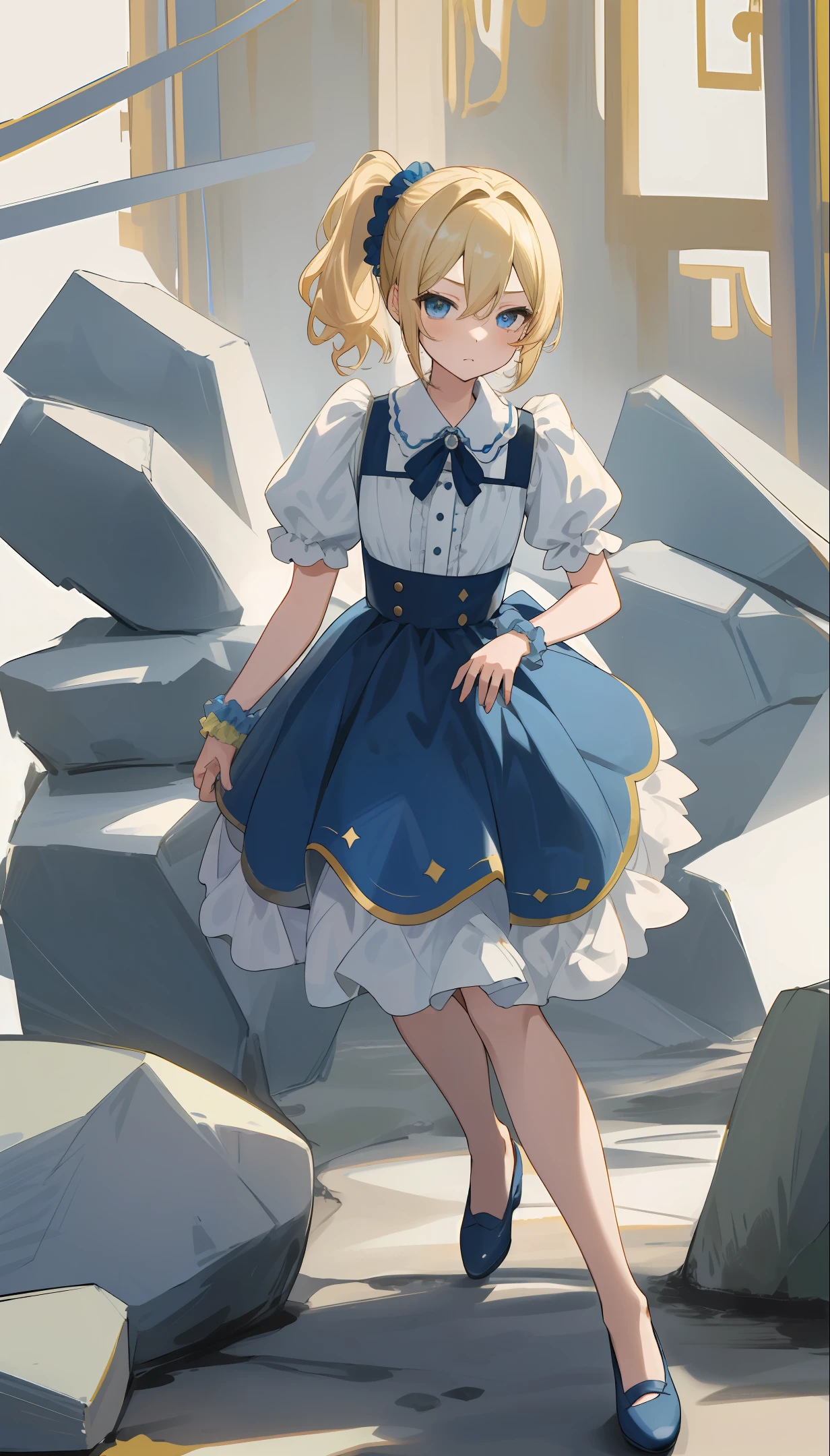 Best Quality, Very Detailed, Masterpiece, Super Detailed, Solo, 1 Girl, White Background, Delicate Eyes, hayasaka_ai, Full Body, blue_scrunchie, Short Hair, blue_eyes, hair_between_eyes, side_ponytail, (blonde_hair:1.2), Side Rock, Waliza, Bored Cool Made Dresses