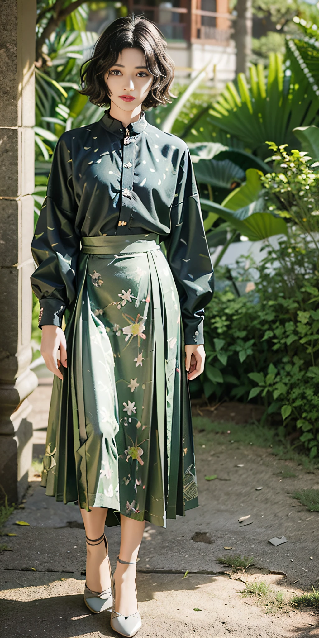 (dark green printed long skirt:1.2),(flowers print:1.2),(white long sleeves),high heels,1 girl,full body, high heels,(short hair:1.1), (realistic:1.7),((best quality)),absurdres,(ultra high res),(photorealistic:1.6),photorealistic,octane render,(hyperrealistic:1.2), (photorealistic face:1.2), (8k), (4k), (Masterpiece),(realistic skin texture), (illustration, cinematic lighting,wallpaper),( beautiful eyes:1.2),((((perfect face)))),(cute),(standing),(black hair),(short hair),black eyes,red lips, (outdoors),